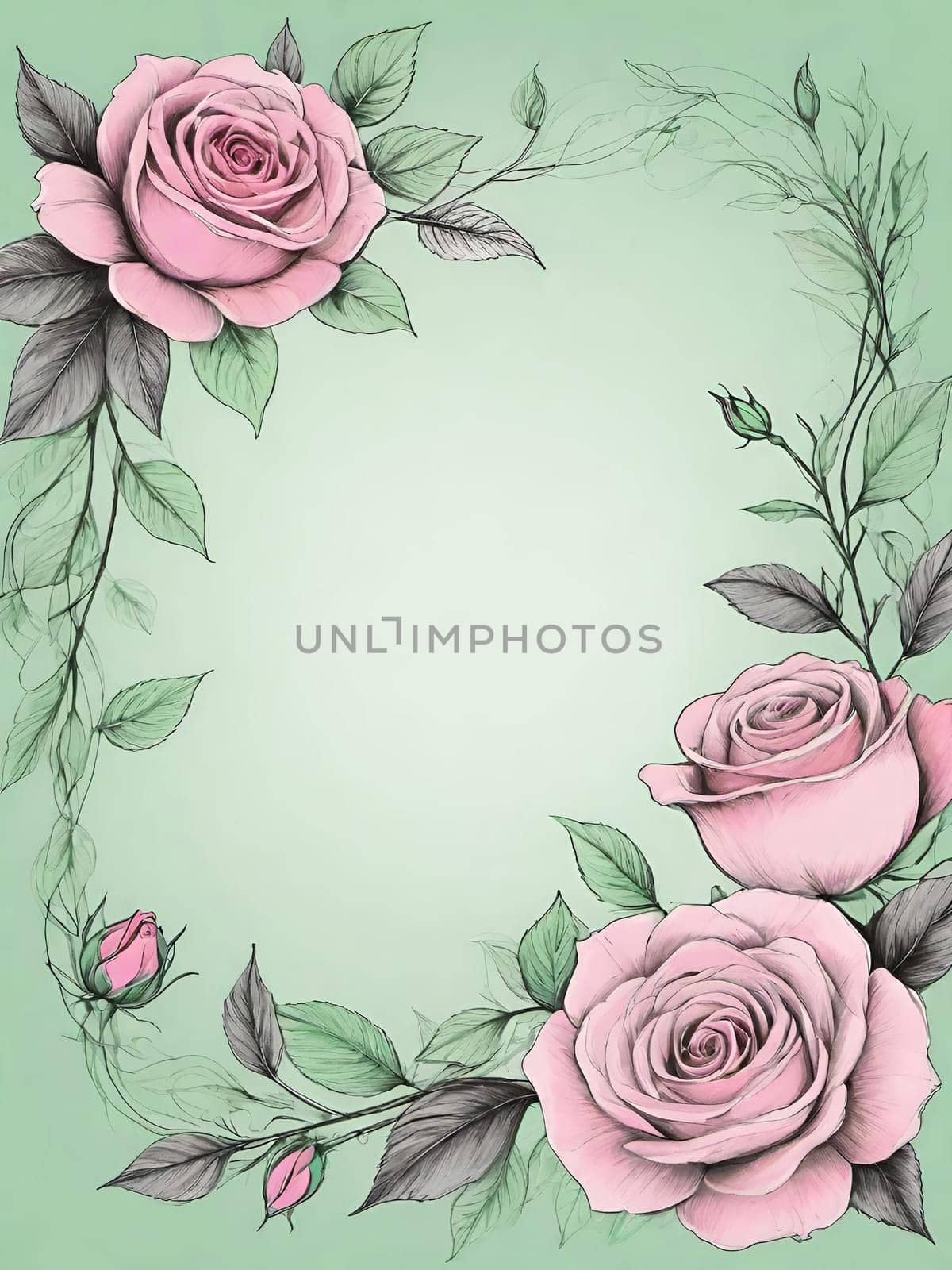 Frame with pink roses and green leaves on white background. Vector illustration by yilmazsavaskandag