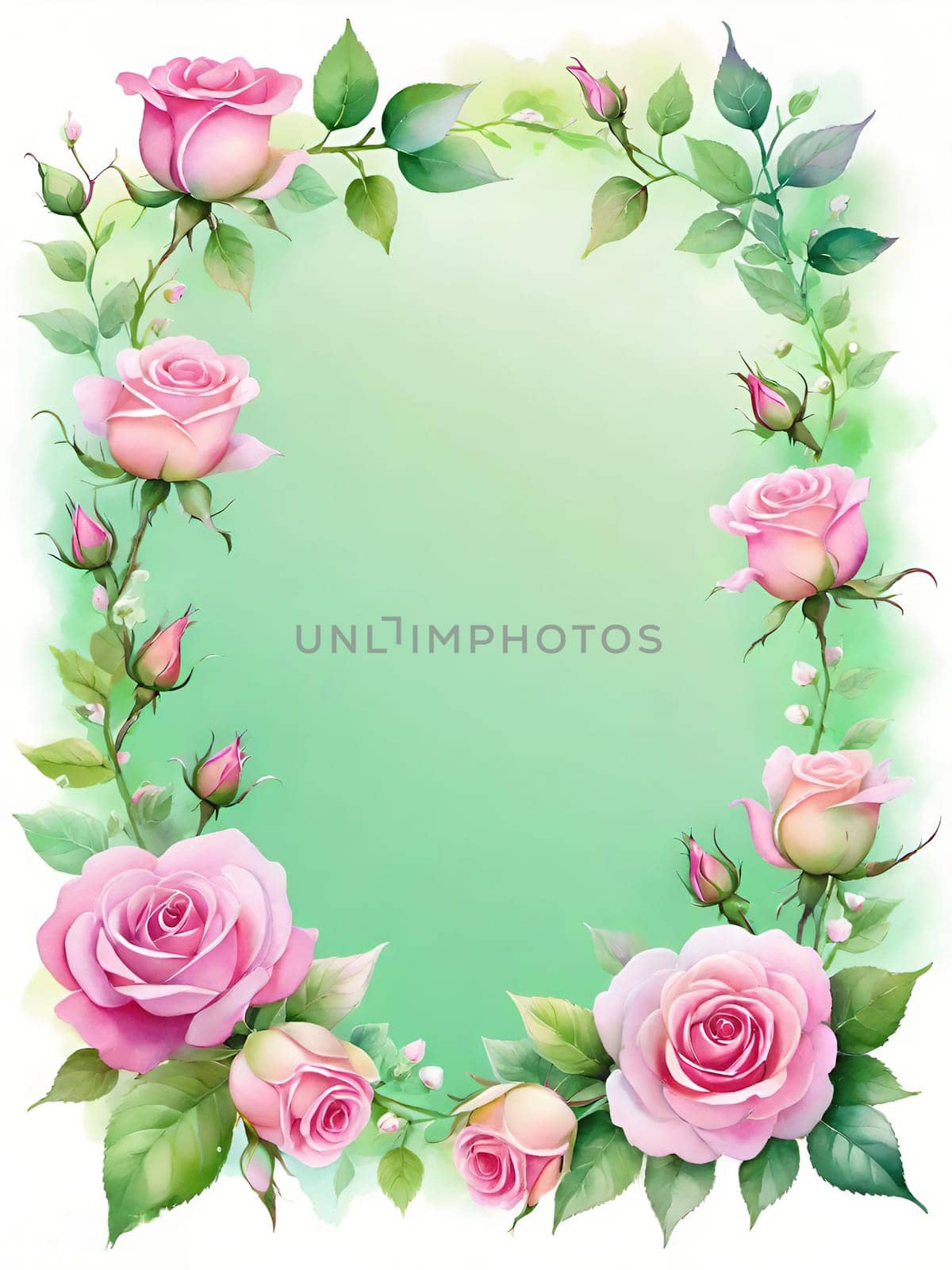 Wreath of pink roses and green leaves. Hand drawn vector illustration.Floral background with roses and leaves. Frame with pink roses and green leaves on white background. Vector illustration.Beautiful pink roses with green leaves on background.