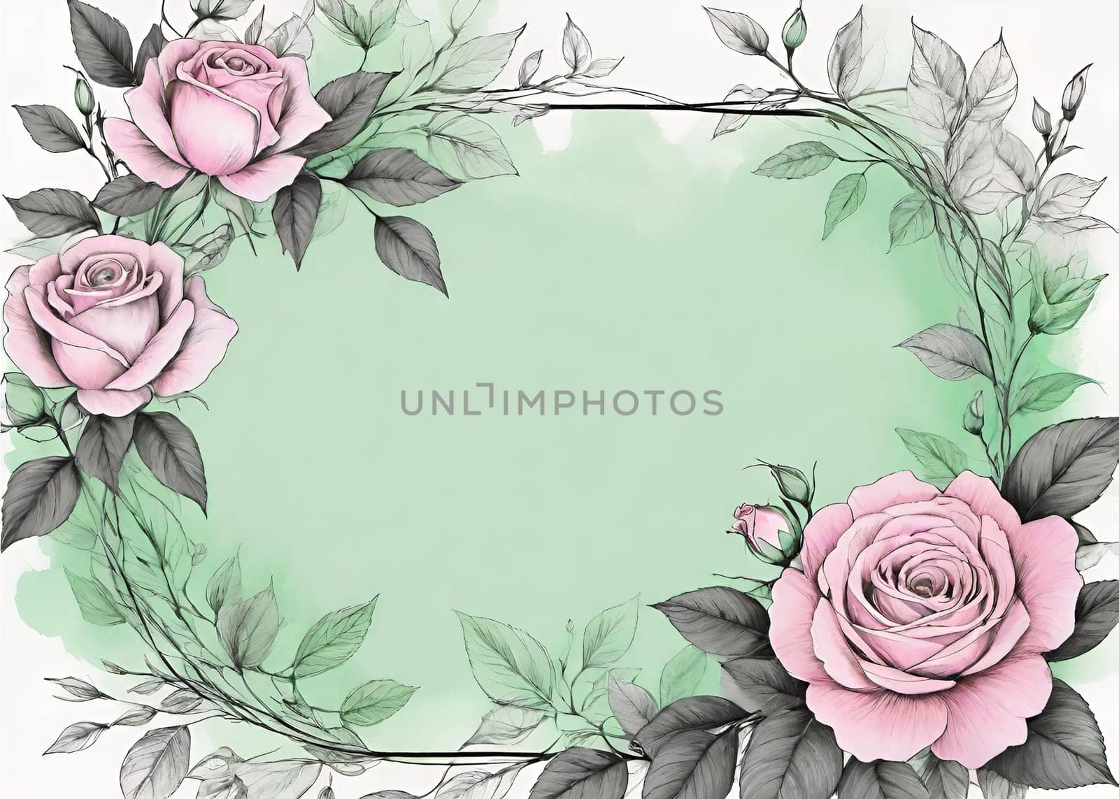 Wreath of pink roses and green leaves. Hand drawn vector illustration.Floral background with roses and leaves. Frame with pink roses and green leaves on white background. Vector illustration.Beautiful pink roses with green leaves on background.