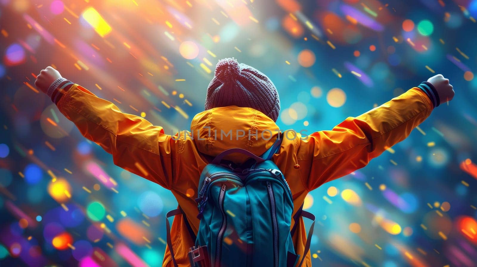 Young man celebrating under colorful rain