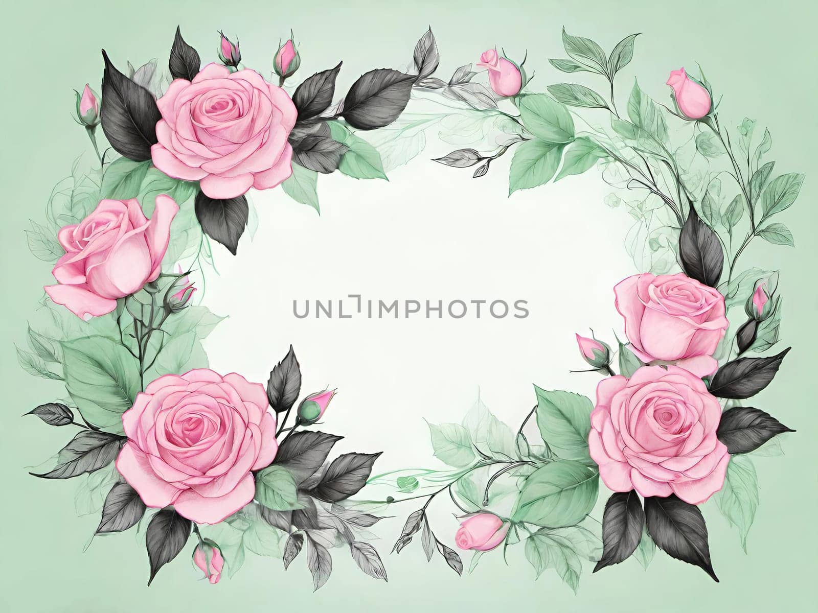 Wreath of pink roses and green leaves. Hand drawn vector illustration.Floral background with roses and leaves. Frame with pink roses and green leaves on white background. Vector illustration.Beautiful pink roses with green leaves on background.