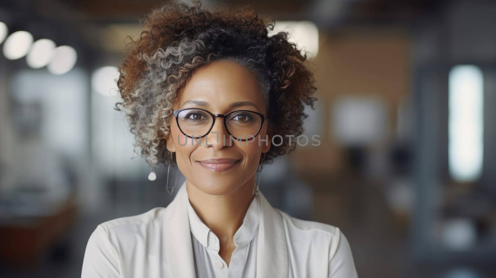 Happy beautiful business afro woman in office arms crossed. Smiling confident professional executive manager, proud lawyer, businessman leader wearing grey suit.