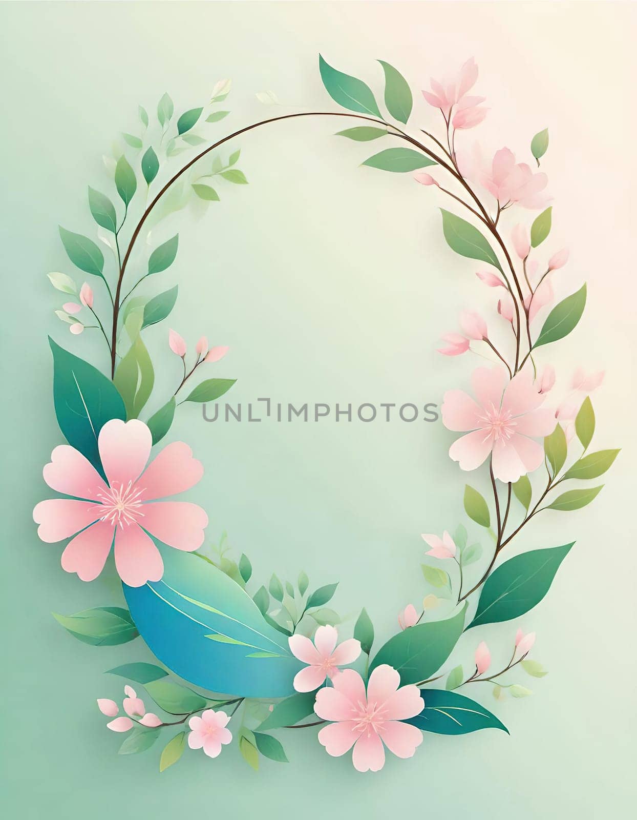 Floral wreath with spring flowers on background. Vector illustration.Spring background with flowers and wreath. Vector illustration for your design.Spring background with cherry blossoms and green leaves. Spring blossom background with copy space for text.