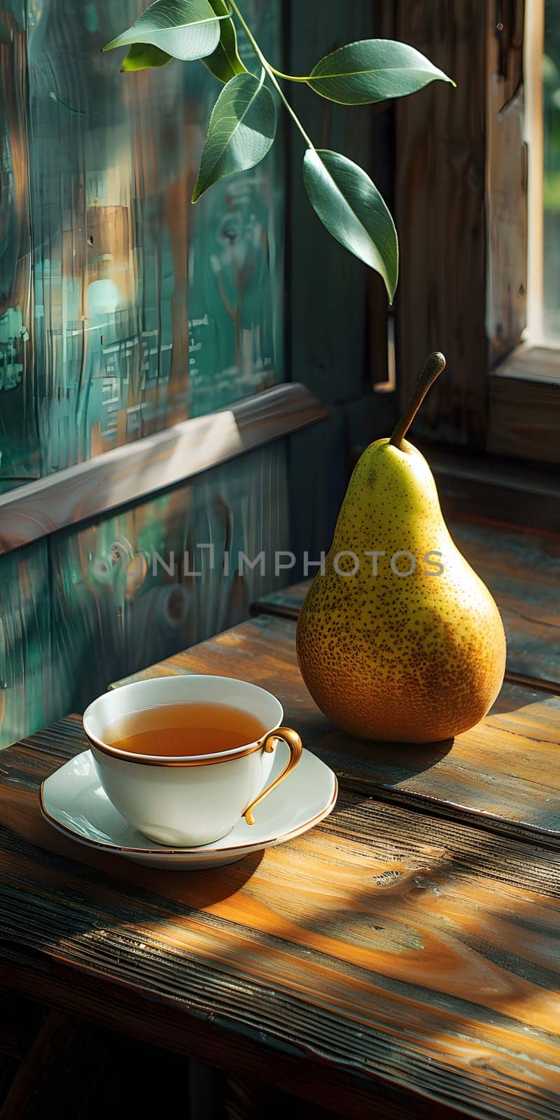 A cup of tea and a pear sit on a wooden table, surrounded by rustic dishware by Nadtochiy