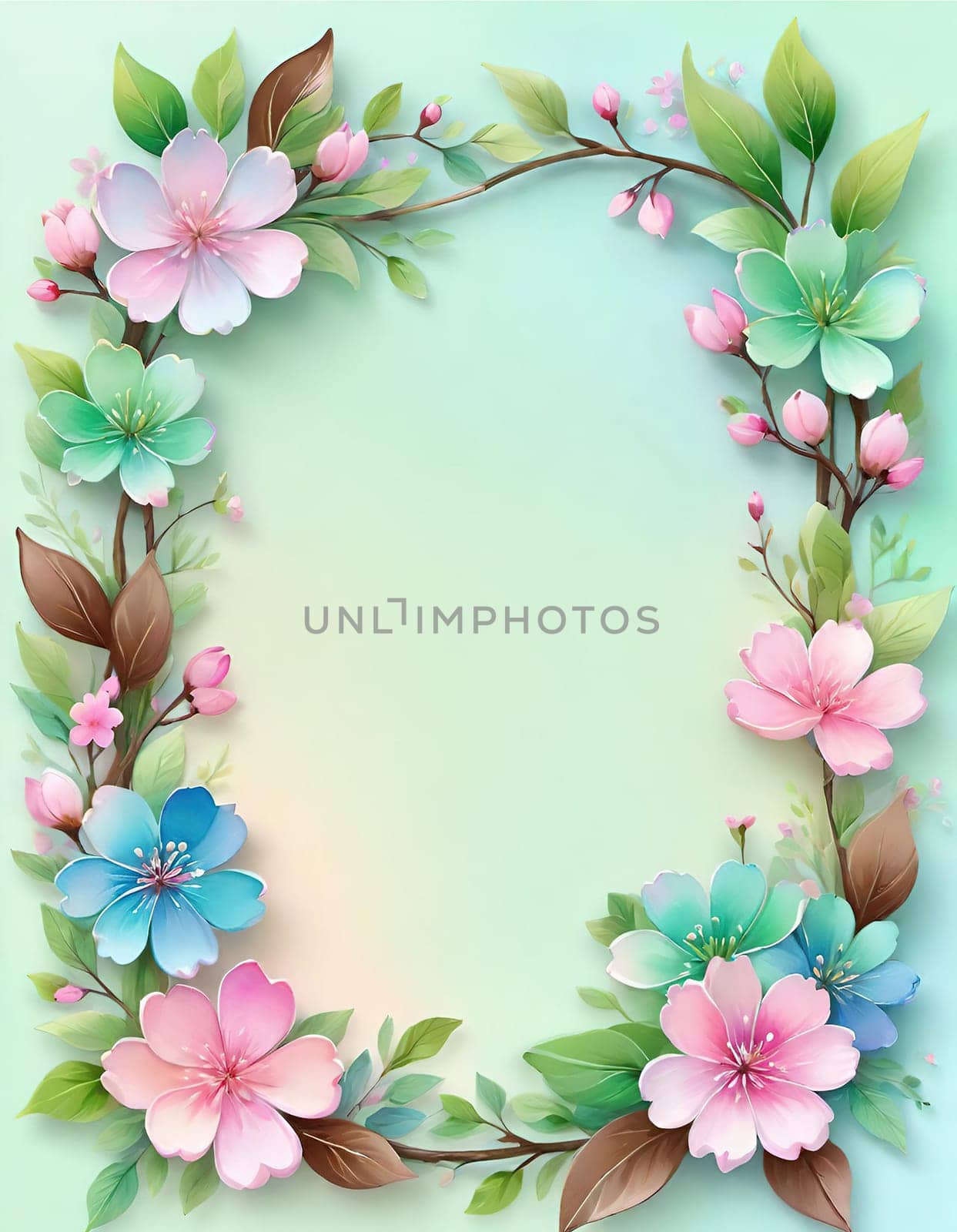 Floral wreath with spring flowers on background. Vector illustration.Spring background with flowers and wreath. Vector illustration for your design.Spring background with cherry blossoms and green leaves. Spring blossom background with copy space for text.