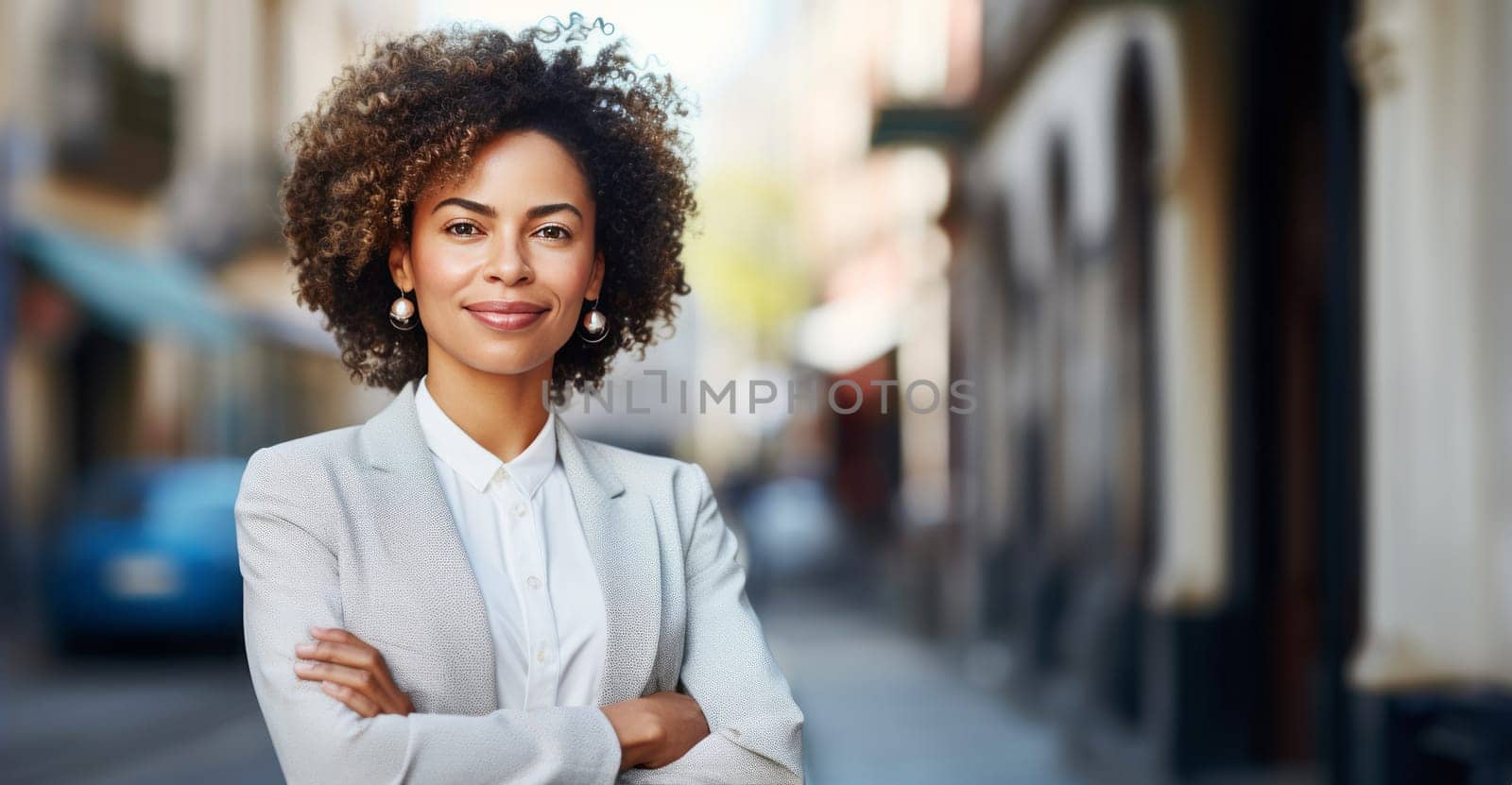 Happy beautiful business afro woman standing near office with crossed arms. Smiling mature confident professional executive manager, proud lawyer, businessman leader wearing white suit by NataliPopova