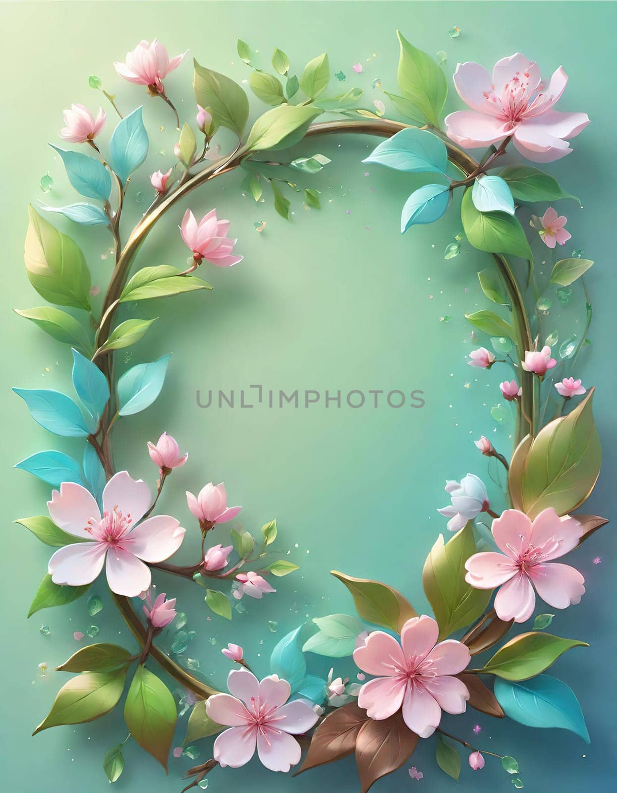 Floral wreath with spring flowers on background. Vector illustration.Spring background with flowers and wreath. Vector illustration for your design.Spring background with cherry blossoms and green leaves. Spring blossom background with copy space for text.