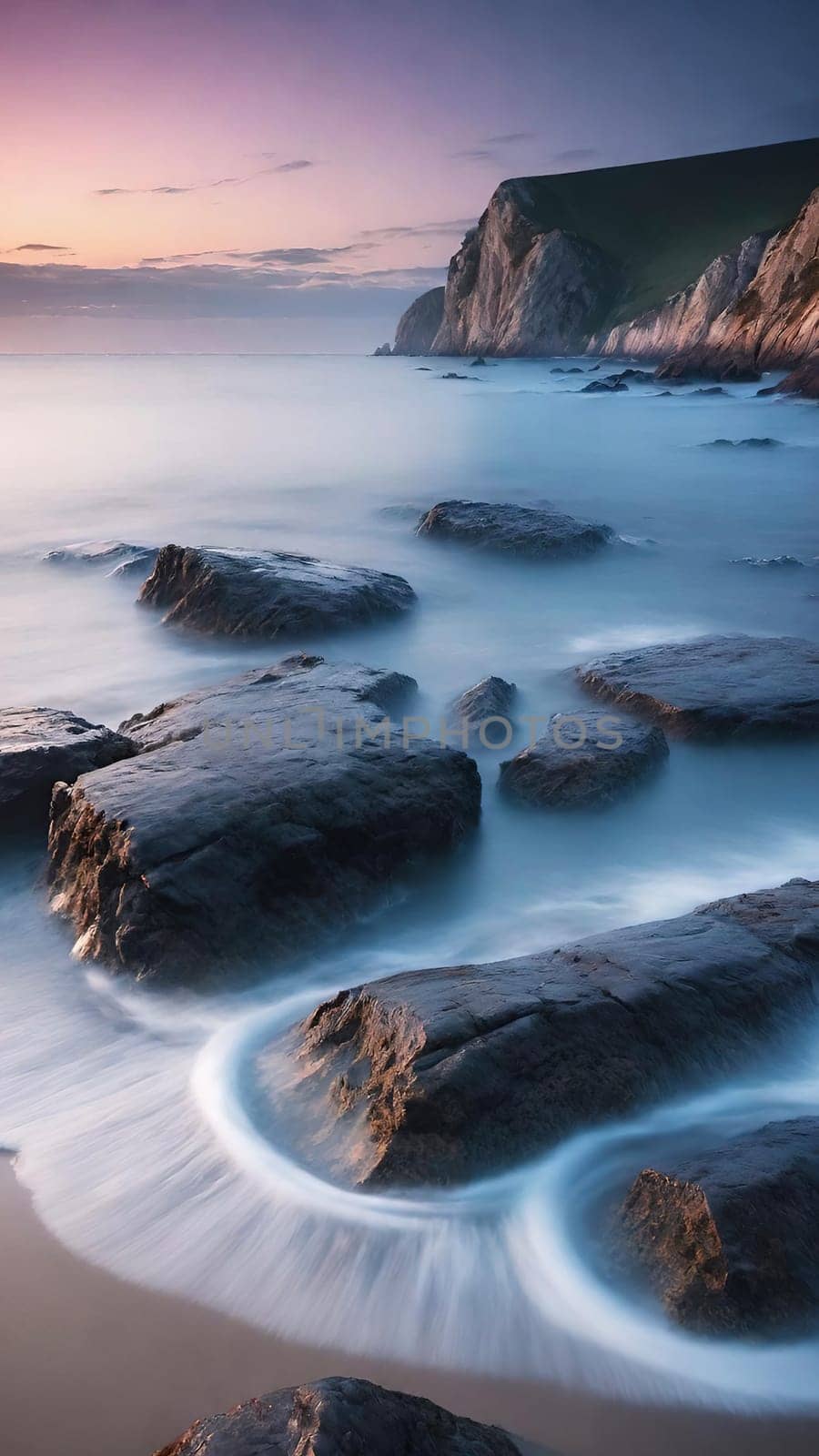 Long exposure image of a long exposure of the sea and rocks at sunset.Long exposure of a rocky seashore at sunset. Long exposure photography.Long exposure seascape. Long exposure image of long exposure seascape with long exposure effect.