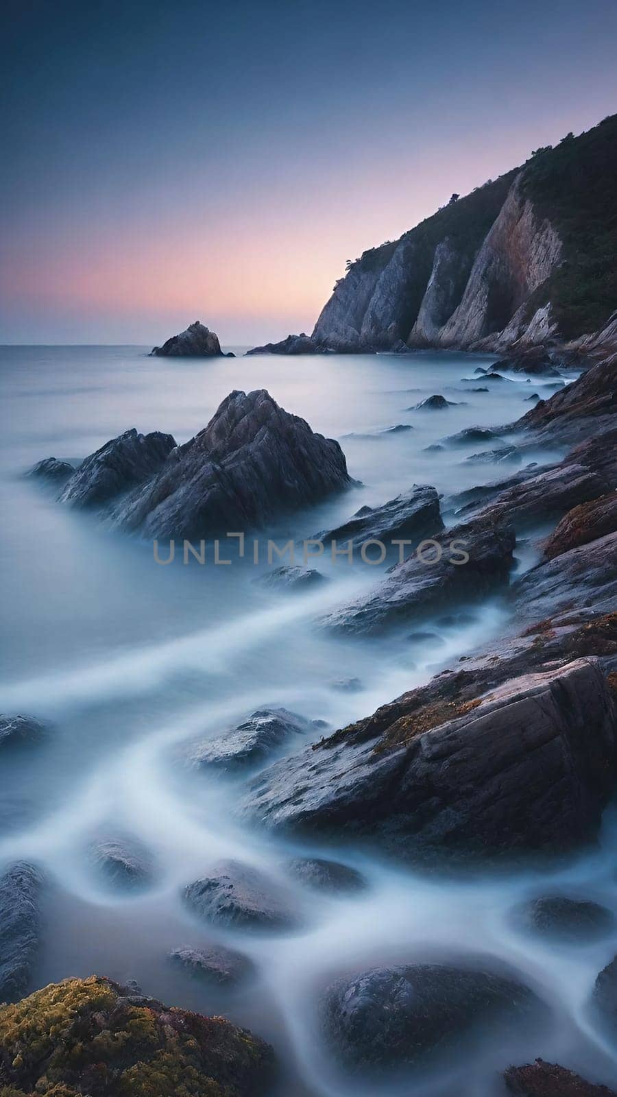 Long exposure image of a long exposure of the sea and rocks at sunset by yilmazsavaskandag