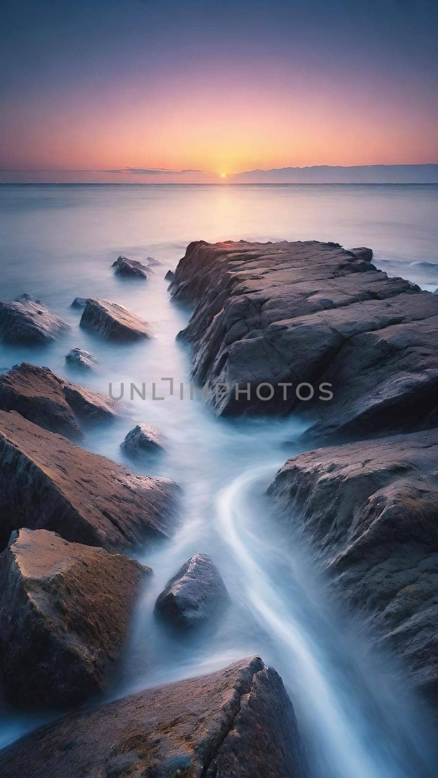 Long exposure image of a long exposure of the sea and rocks at sunset.Long exposure of a rocky seashore at sunset. Long exposure photography.Long exposure seascape. Long exposure image of long exposure seascape with long exposure effect.