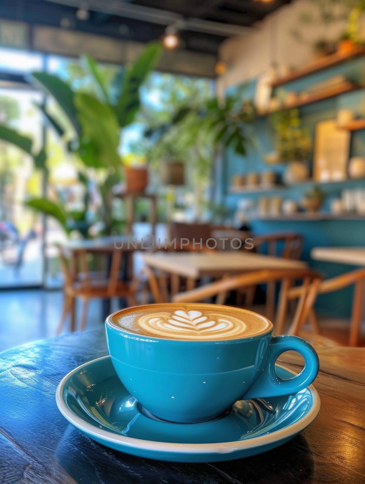 Cup of coffee in a blue cup with latte art in a beautiful cafe background in the morning with sunlight.