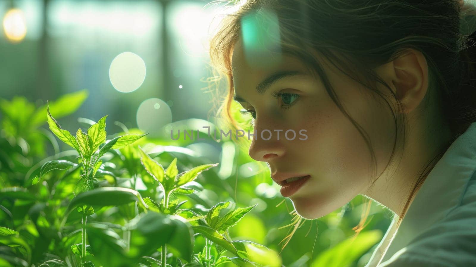 Close up headshot of young girl looking at green leaves. Environmental conservation and care.