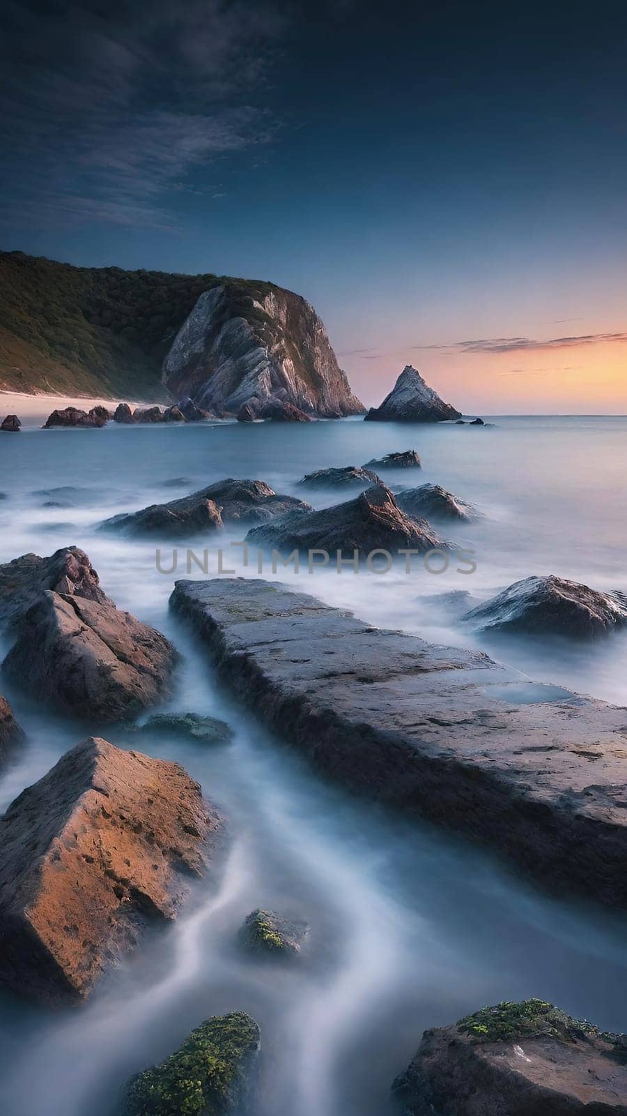 Long exposure image of a long exposure of the sea and rocks at sunset.Long exposure of a rocky seashore at sunset. Long exposure photography.Long exposure seascape. Long exposure image of long exposure seascape with long exposure effect.