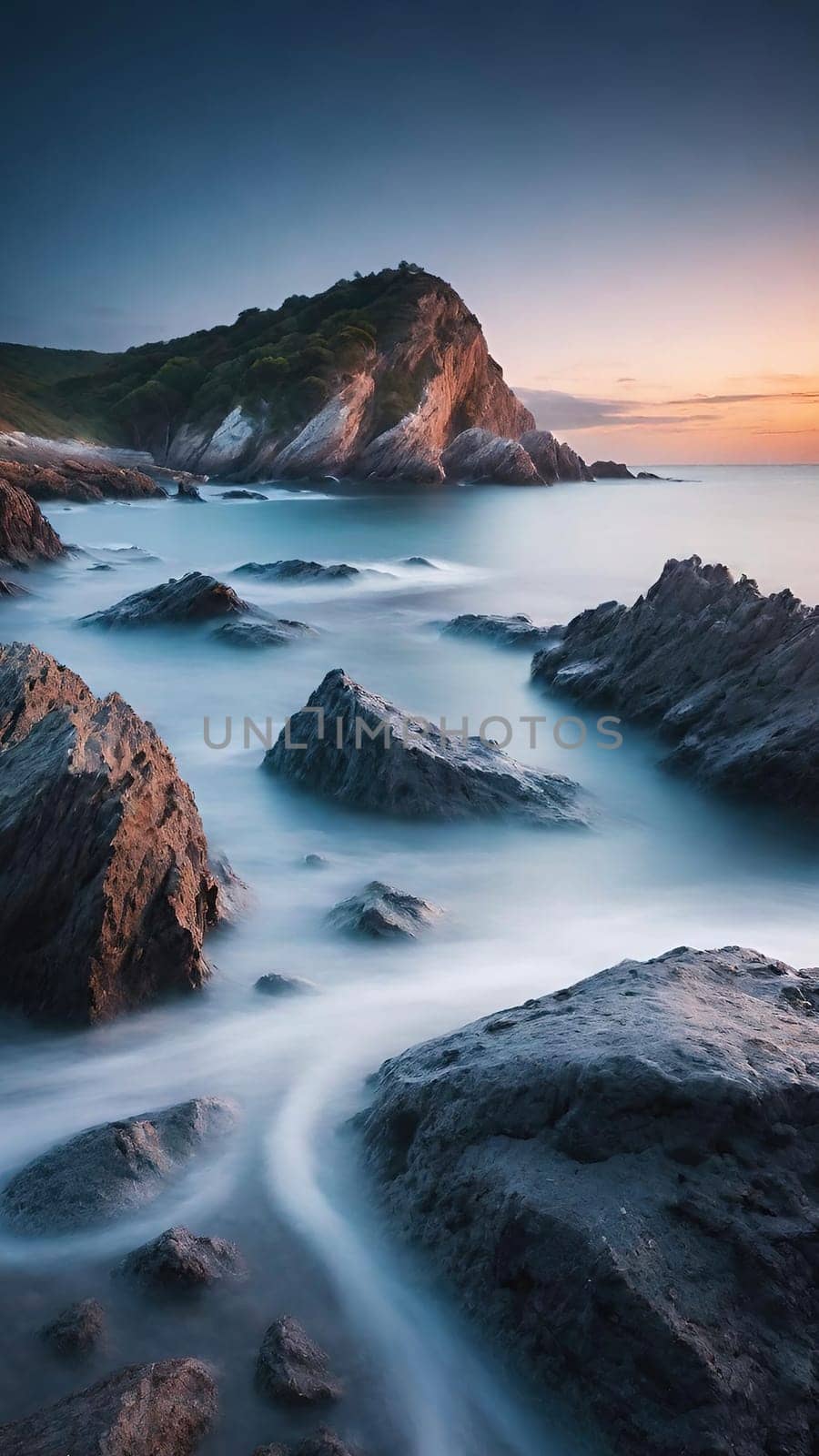 Long exposure image of a long exposure of the sea and rocks at sunset.Long exposure of a rocky seashore at sunset. Long exposure photography.Long exposure seascape. Long exposure image of long exposure seascape with long exposure effect.