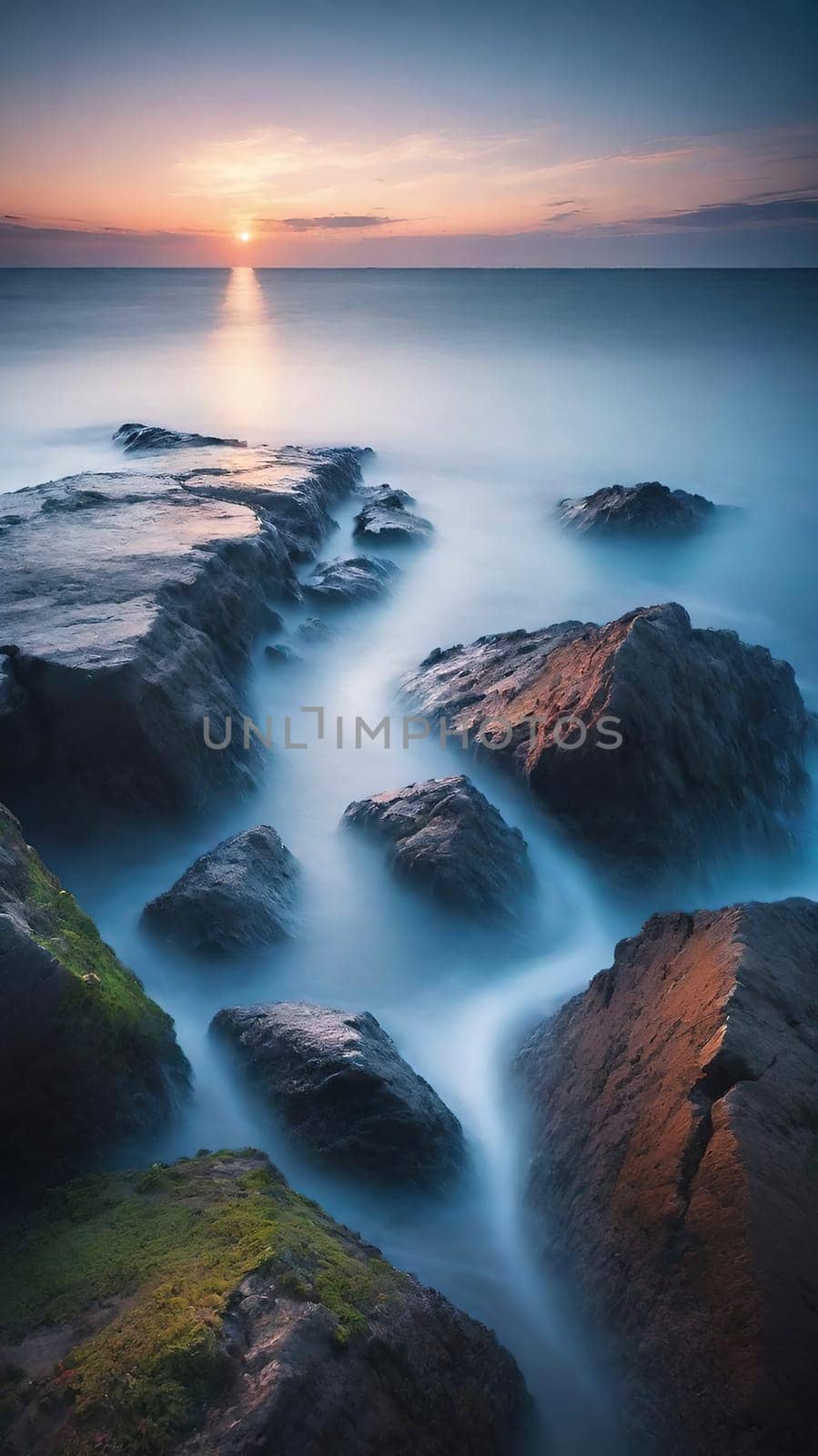 Long exposure image of a long exposure of the sea and rocks at sunset by yilmazsavaskandag