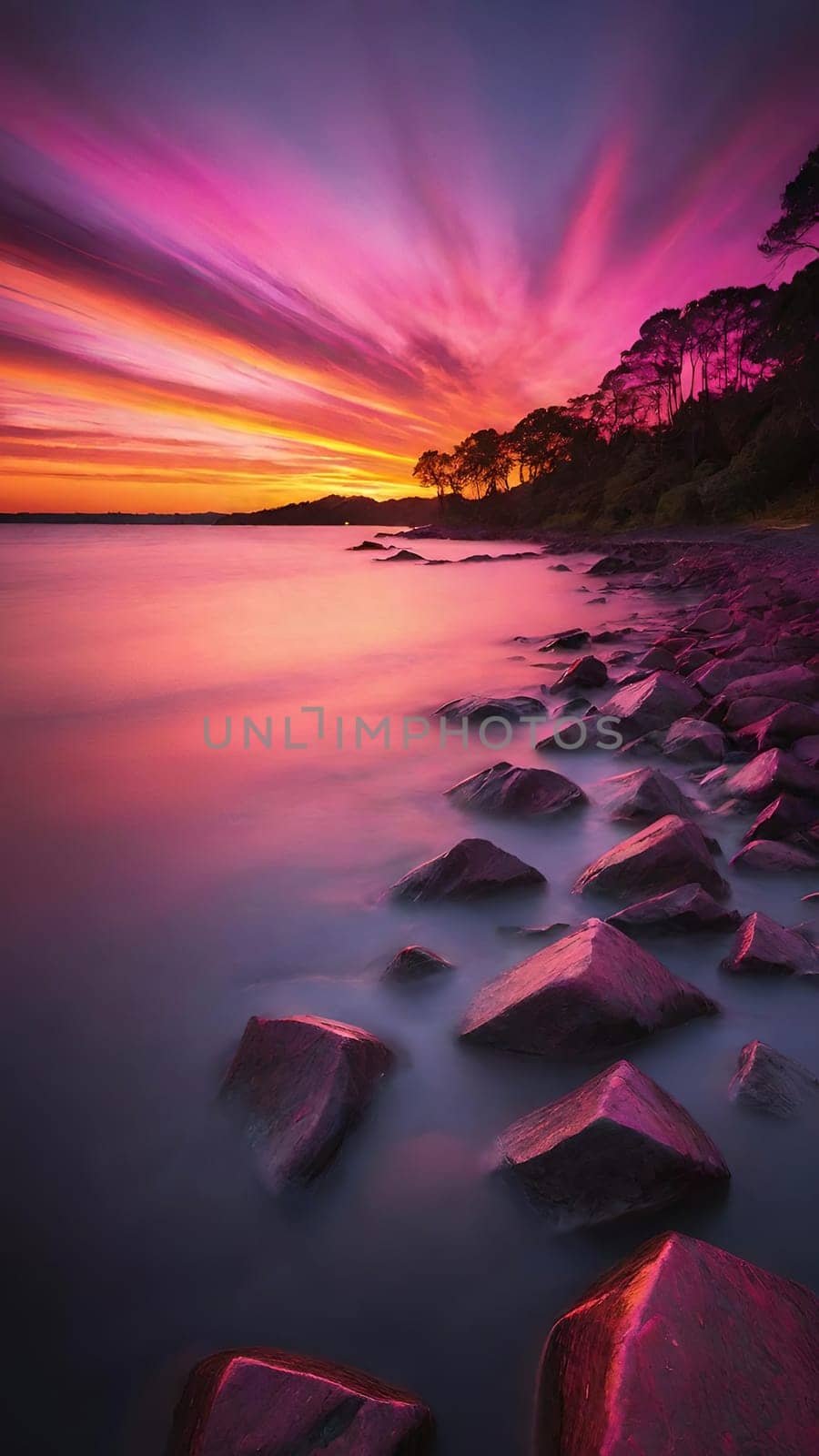 Beautiful sunset over the sea with pink and purple colors, long exposure.Dramatic sky. Landscape ans seascape for background.