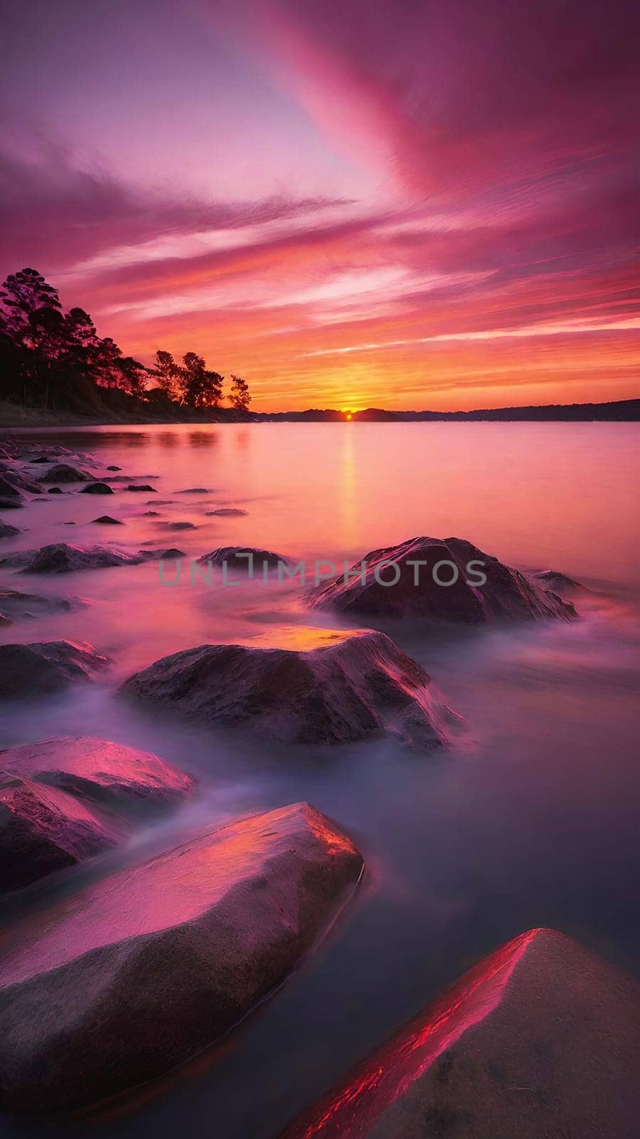 Beautiful sunset over the sea with pink and purple colors, long exposure.Dramatic sky. Landscape ans seascape for background.