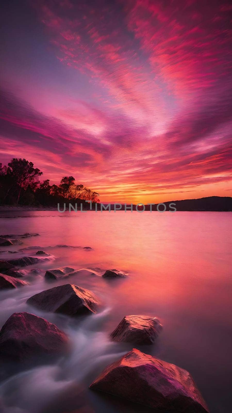 Beautiful sunset over the sea with pink and purple colors, long exposure.Dramatic sky. Landscape ans seascape for background.