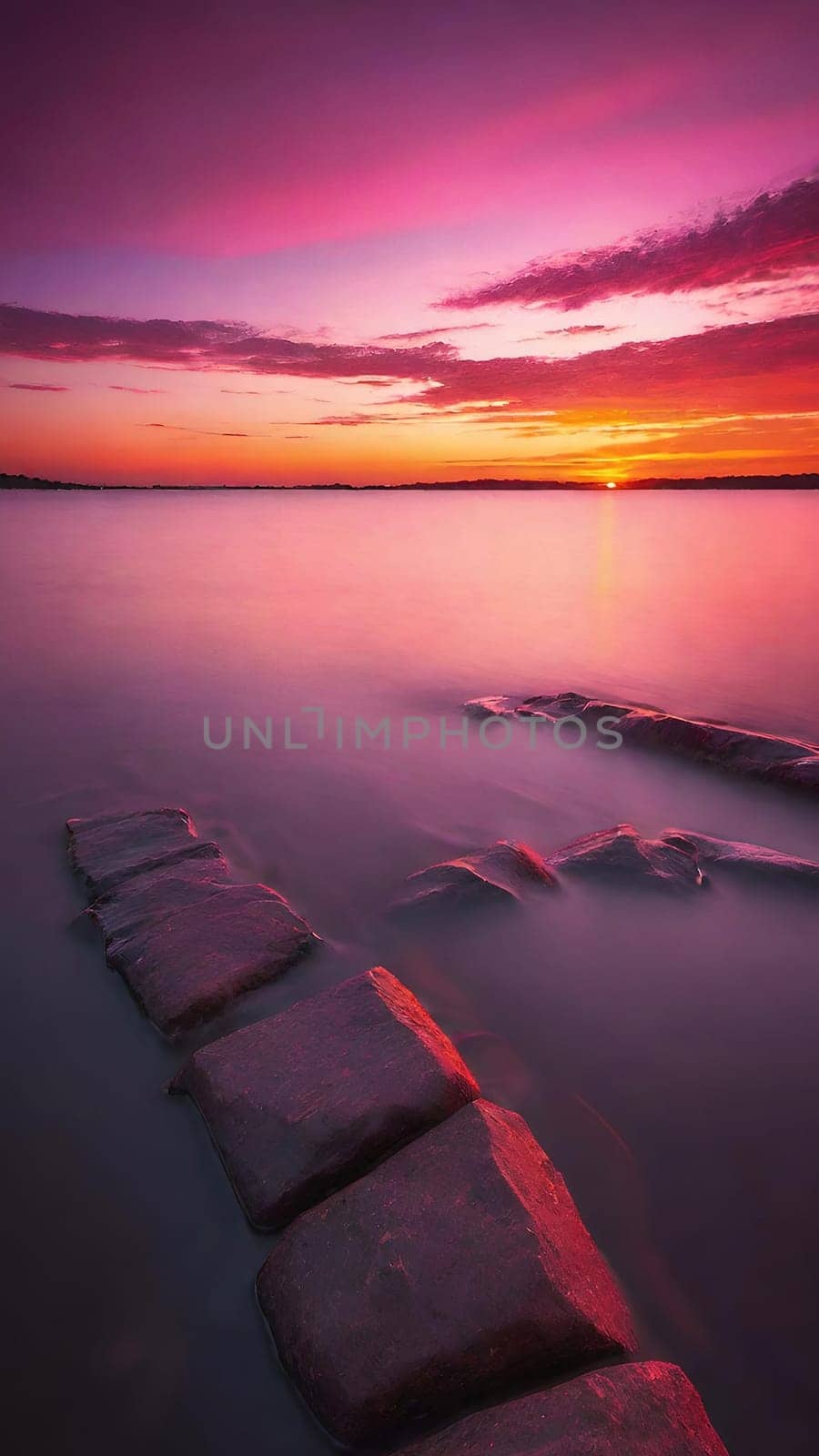 Beautiful sunset over the sea with pink and purple colors, long exposure.Dramatic sky. Landscape ans seascape for background.