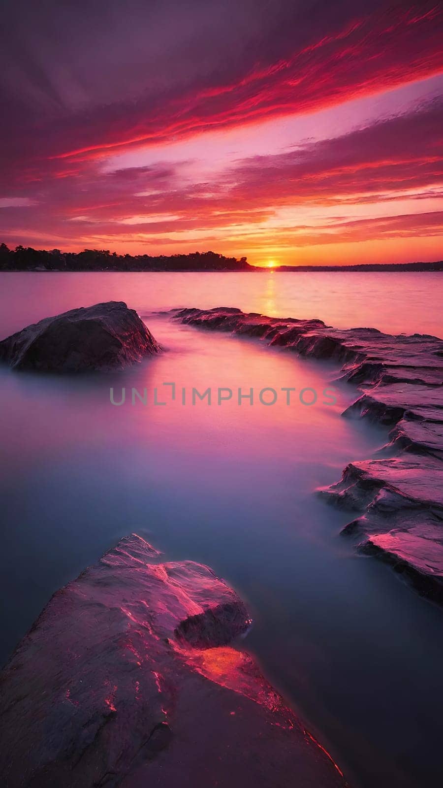 Beautiful sunset over the sea with pink and purple colors, long exposure.Dramatic sky. Landscape ans seascape for background.