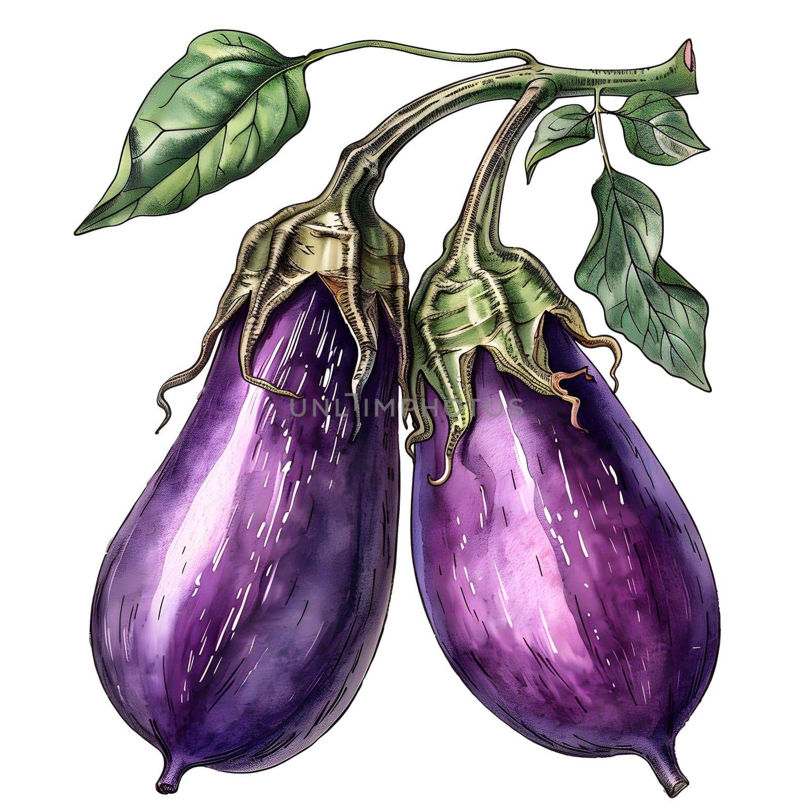 two purple eggplants with green leaves hanging from a vine by Nadtochiy