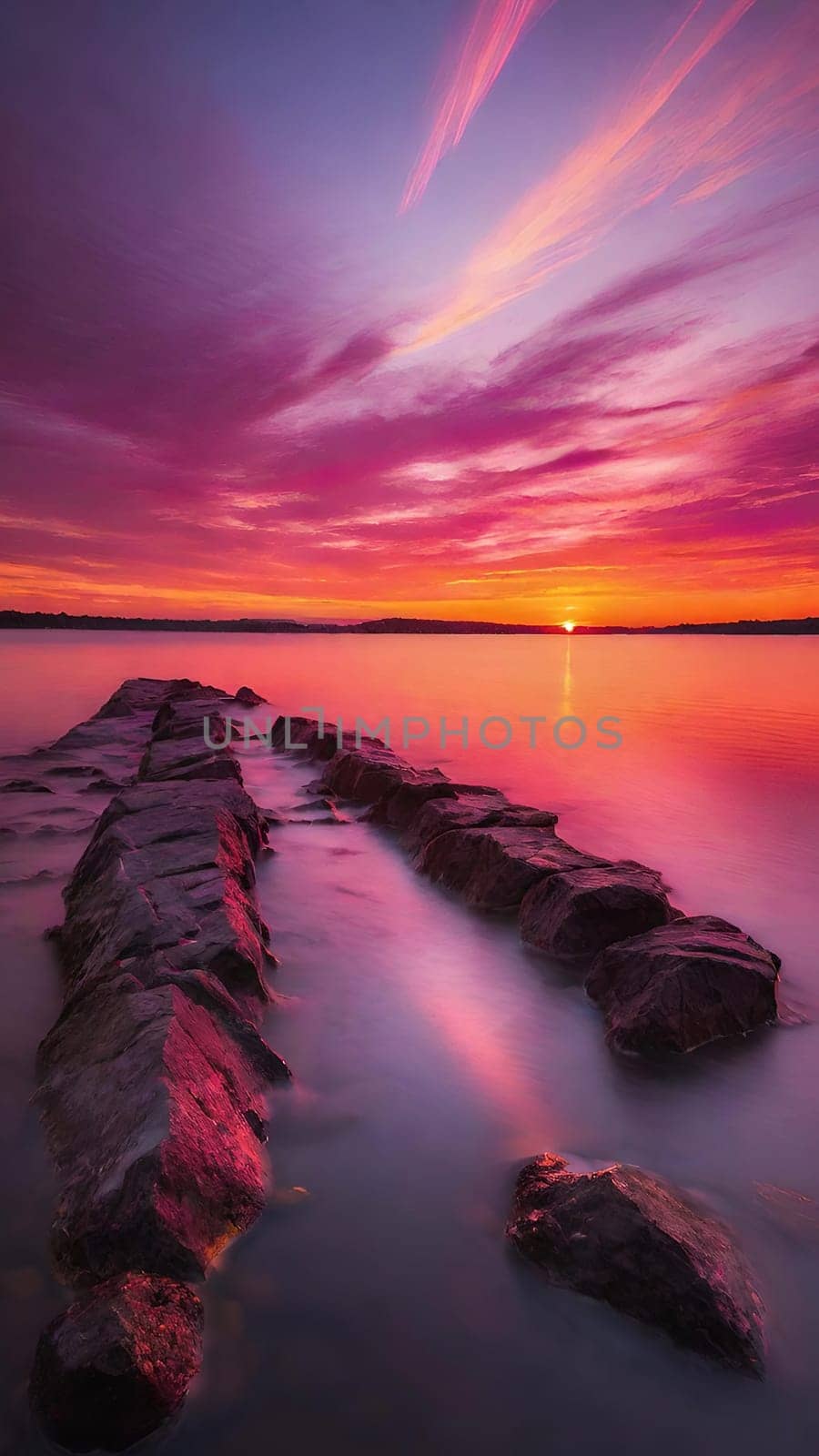 Beautiful sunset over the sea with pink and purple colors, long exposure.Dramatic sky. Landscape ans seascape for background.