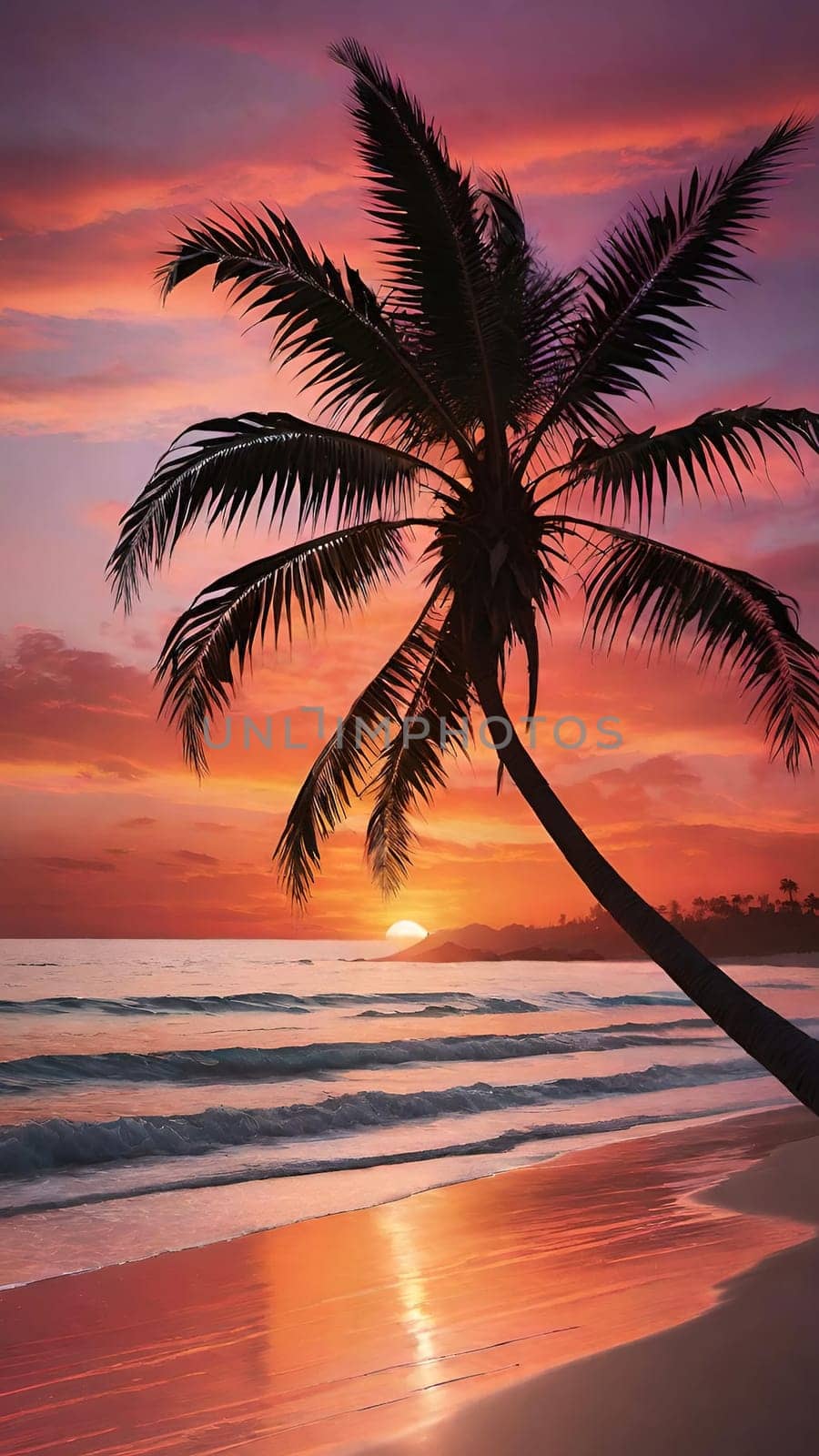 Silhouette of coconut palm tree on the beach at sunset.Palm trees on the beach at sunset. Beautiful tropical landscape.