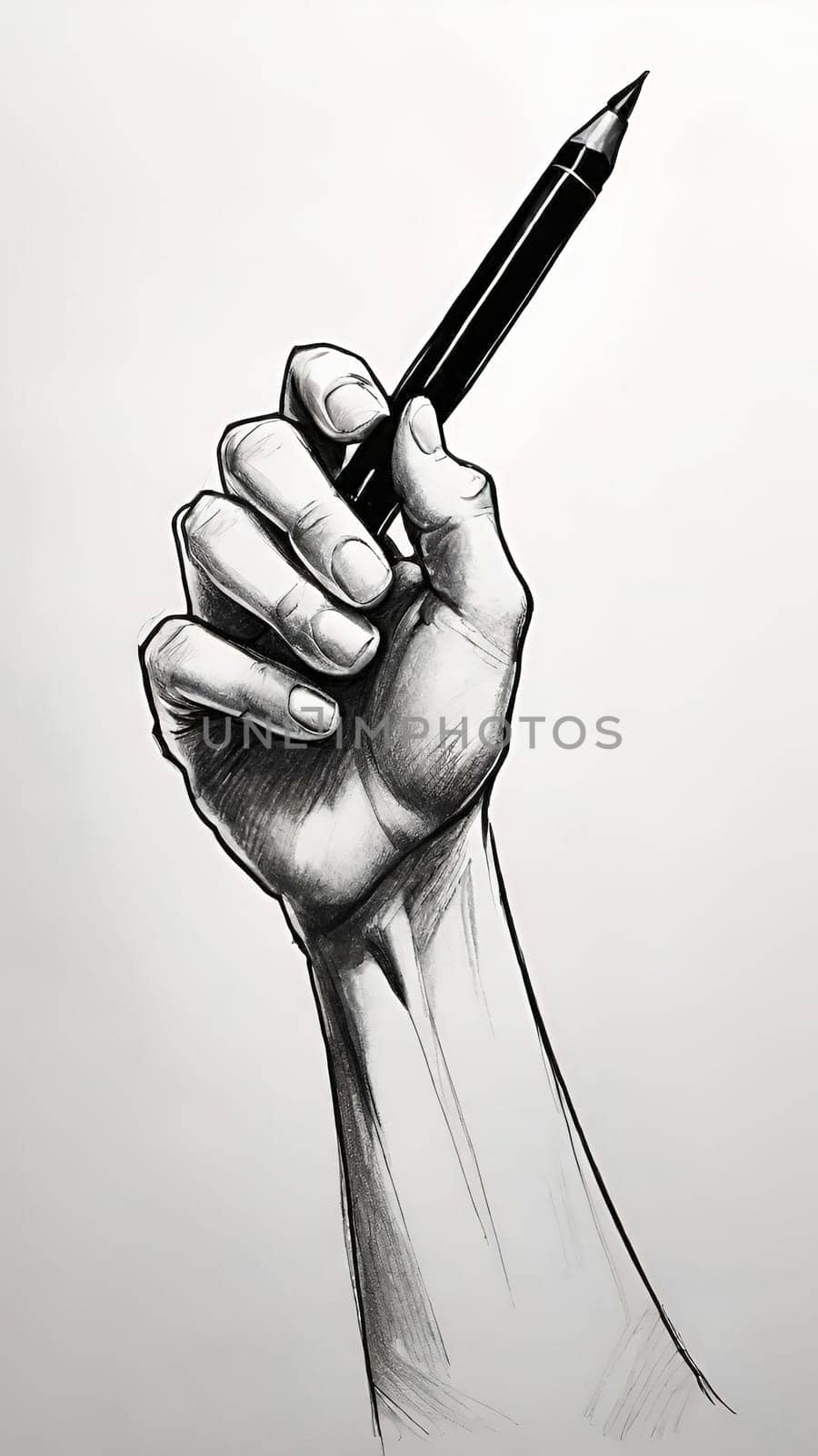 Drawing of a human hand with a pen on a gray background. by yilmazsavaskandag