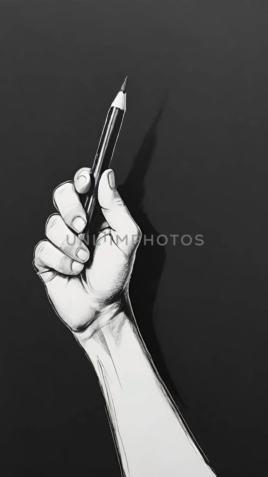 Drawing of a human hand with a pen on a gray background.Pencil in the hand of an artist on a white background.Pencil in the hand of a man. Drawing by hand.