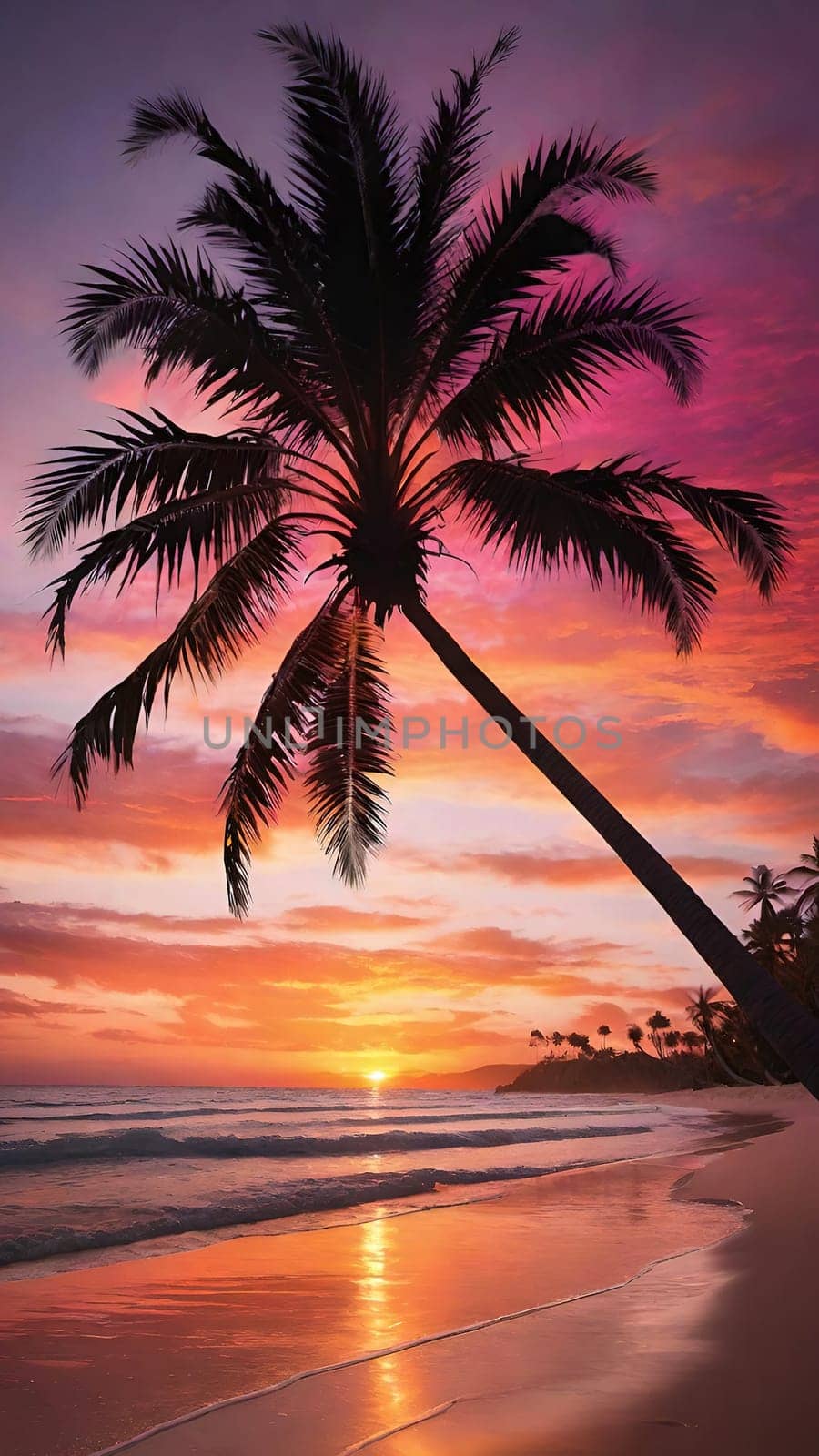 Silhouette of coconut palm tree on the beach at sunset.Palm trees on the beach at sunset. Beautiful tropical landscape.