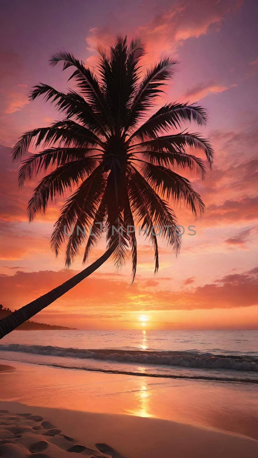 Silhouette of coconut palm tree on the beach at sunset.Palm trees on the beach at sunset. Beautiful tropical landscape.