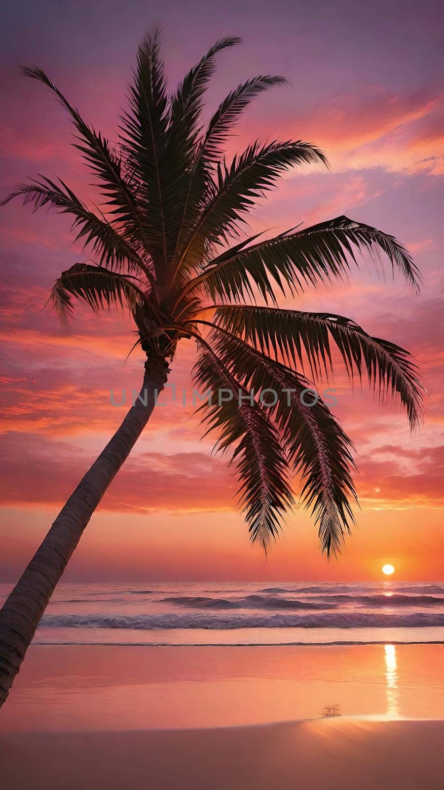 Silhouette of coconut palm tree on the beach at sunset. by yilmazsavaskandag