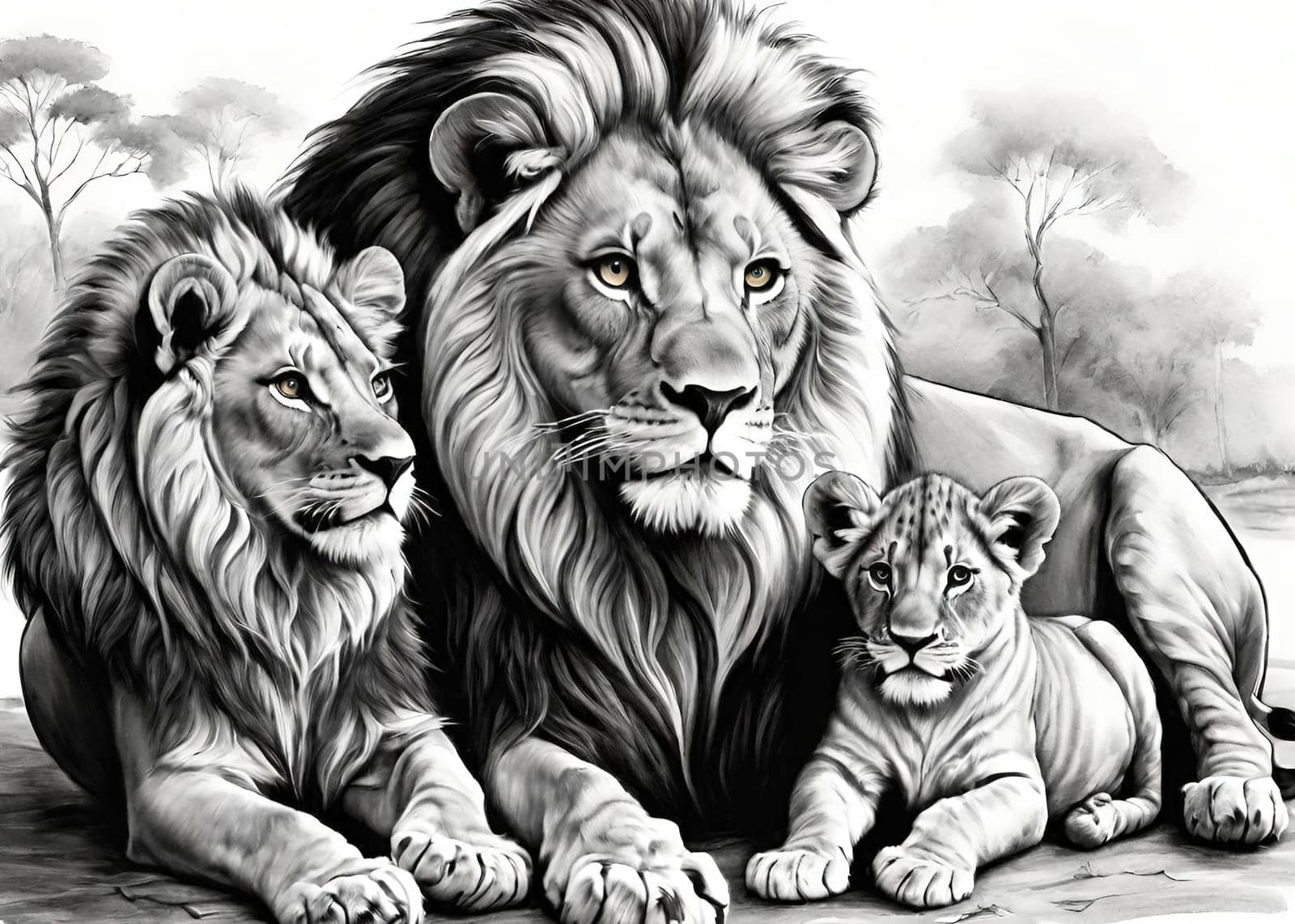 Lion and lion cubs.Lions family.Vector illustration.Lion family in the savannah.Digital painting.Lion and lioness with cubs.Drawing and sketching.African safari.African safari scene with wild animals.