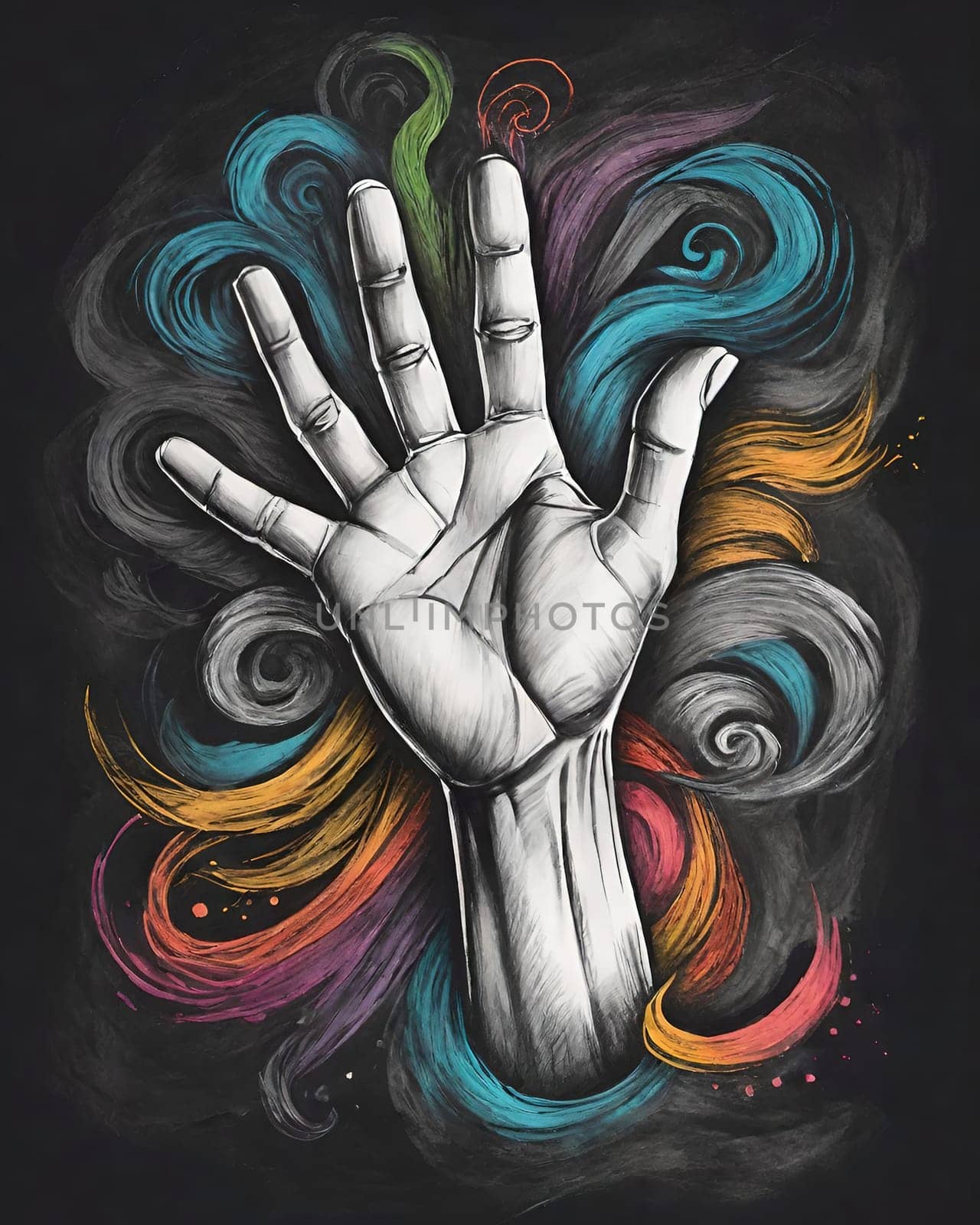 Hand drawn sketch style illustration of human hand on a colorful background.Hand of a man painted on a blackboard with colored stripes.Hand drawn sketch of human hand on colorful background. Vector illustration.