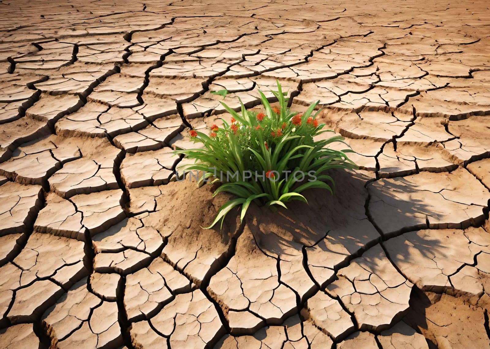 Desert landscape with arid climate and green plants. Green plant on cracked earth background. Concept of drought and climate change.