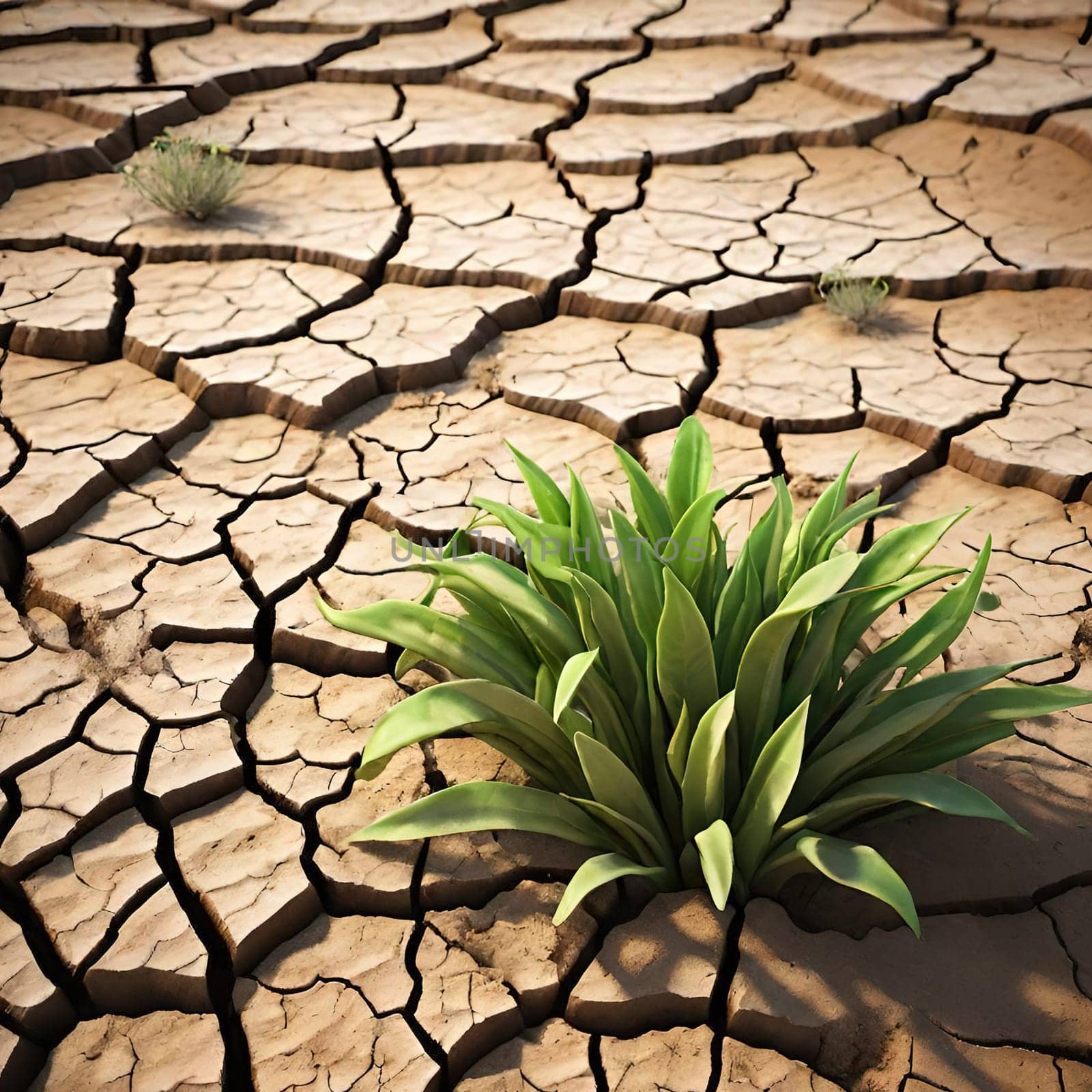 Green plant on cracked earth background. Concept of drought and climate change. by yilmazsavaskandag