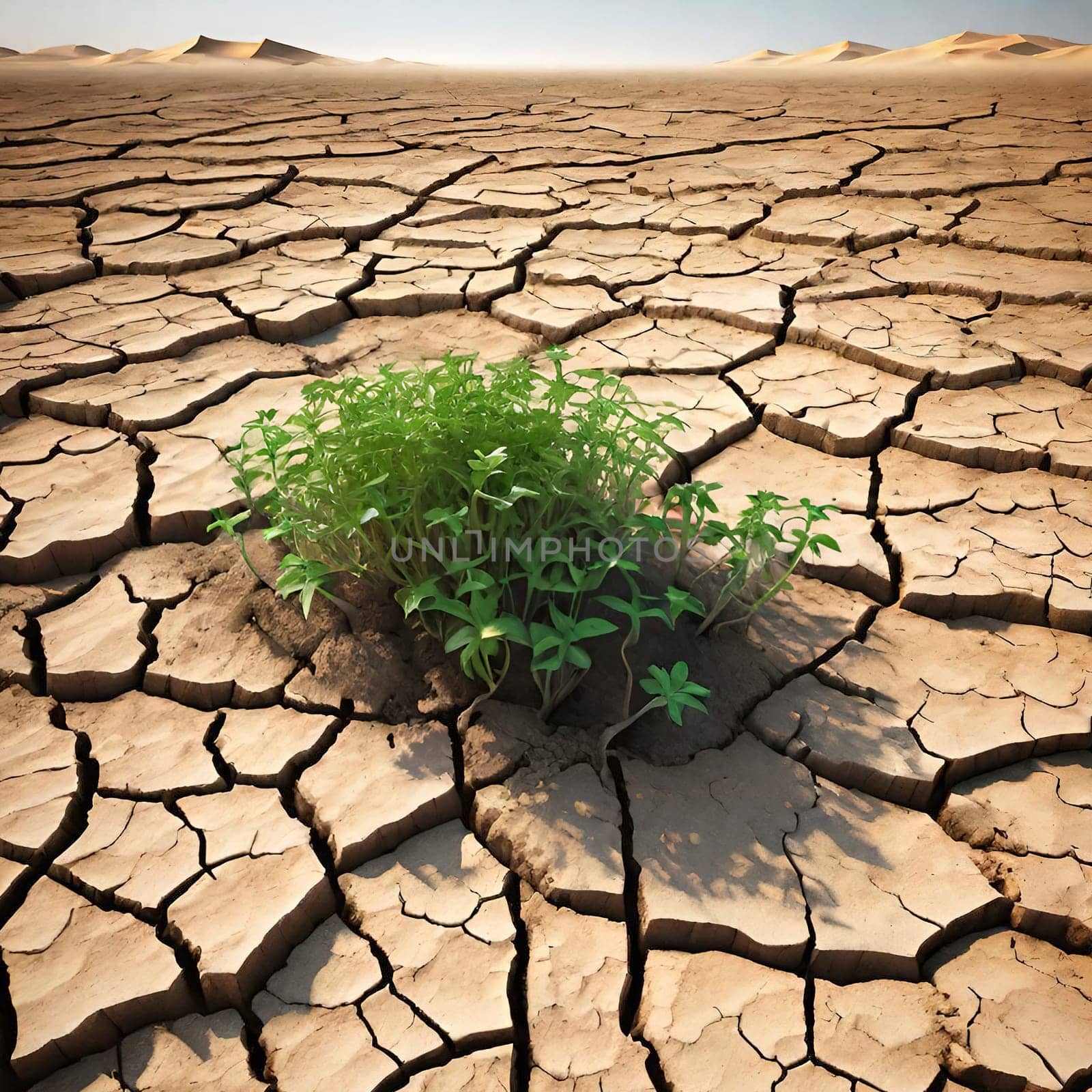 Desert landscape with arid climate and green plants. Green plant on cracked earth background. Concept of drought and climate change.