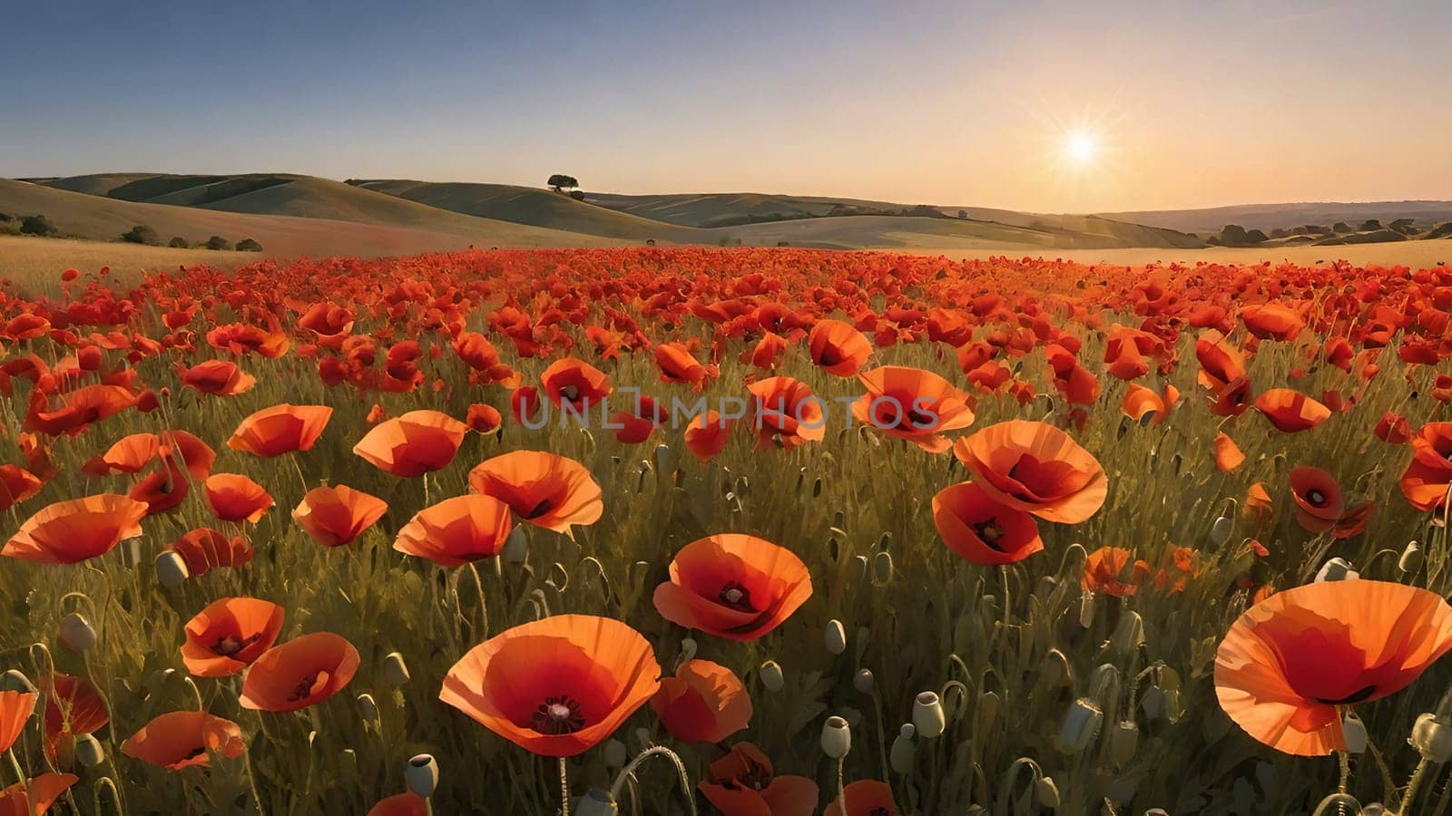 poppy field at sunset. Beautiful landscape with red poppies. Nature composition. Soft focus.