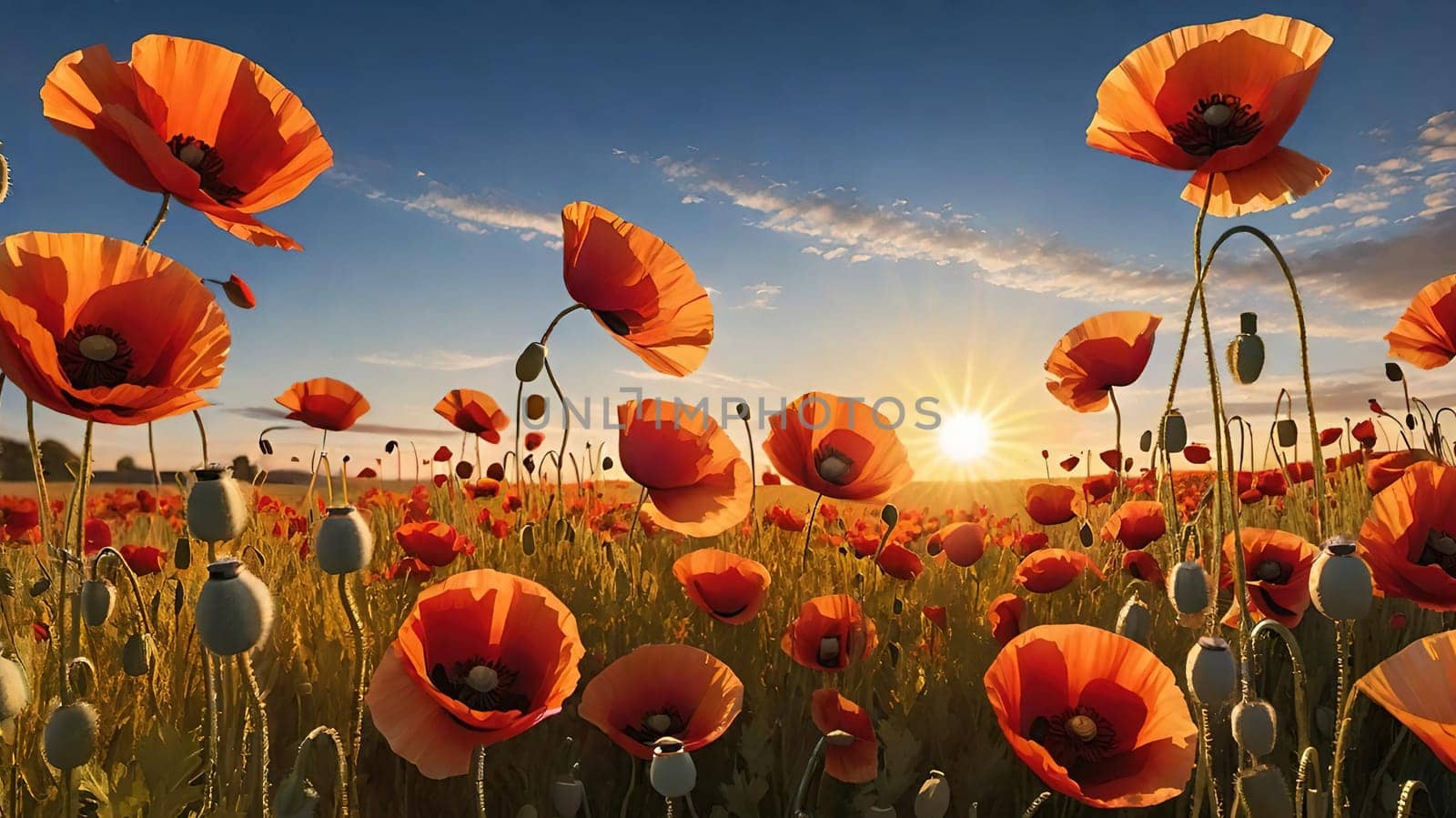 poppy field at sunset. Beautiful landscape with red poppies. Nature composition. Soft focus.