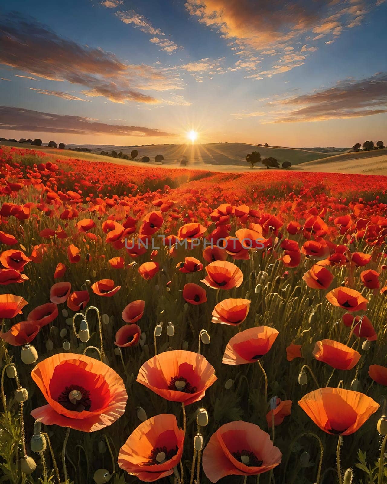 poppy field at sunset. Beautiful landscape with red poppies. Nature composition. Soft focus.