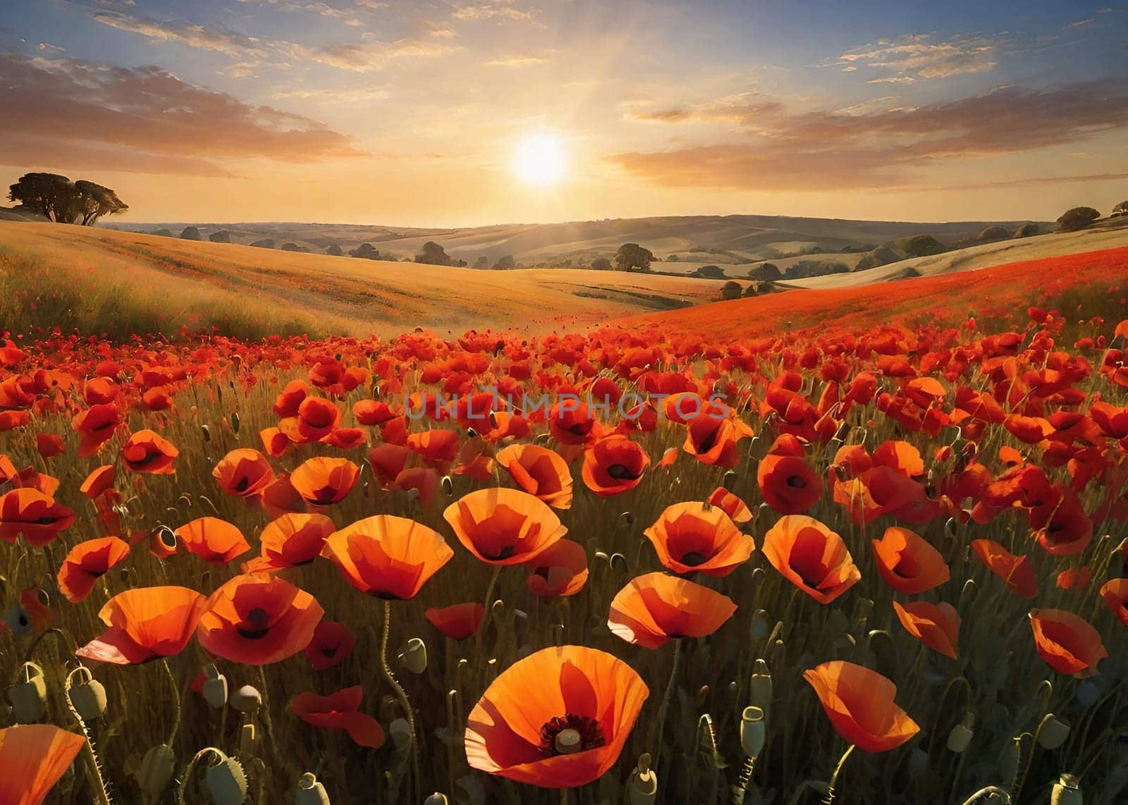 poppy field at sunset. Beautiful landscape with red poppies. Nature composition. Soft focus.