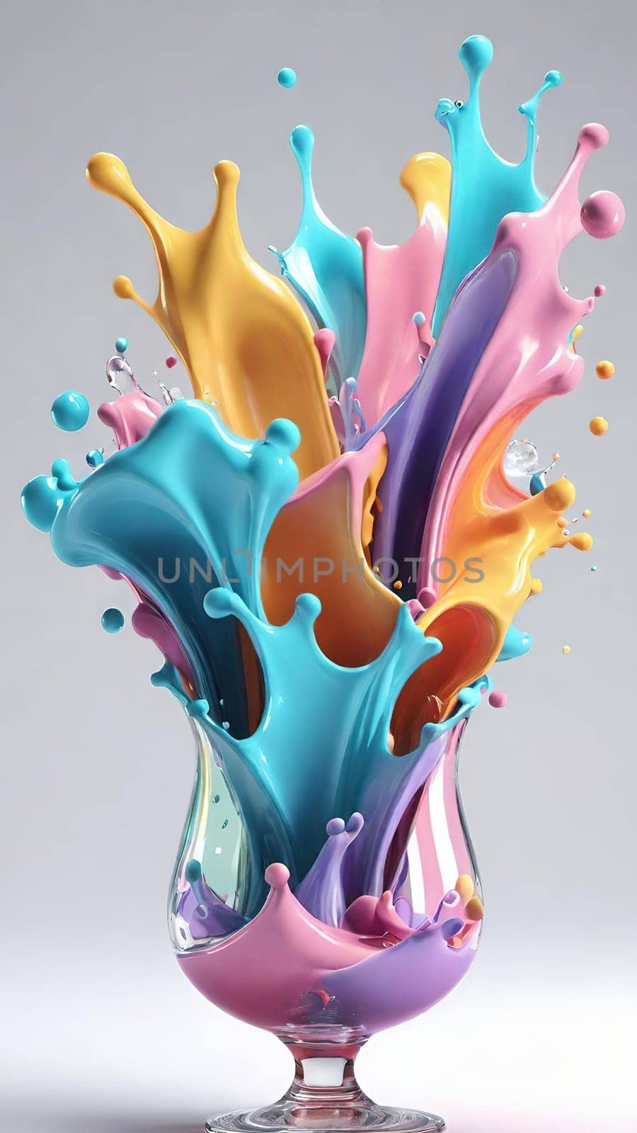 Colorful paint splashes isolated on blue background. 3d rendering. by yilmazsavaskandag