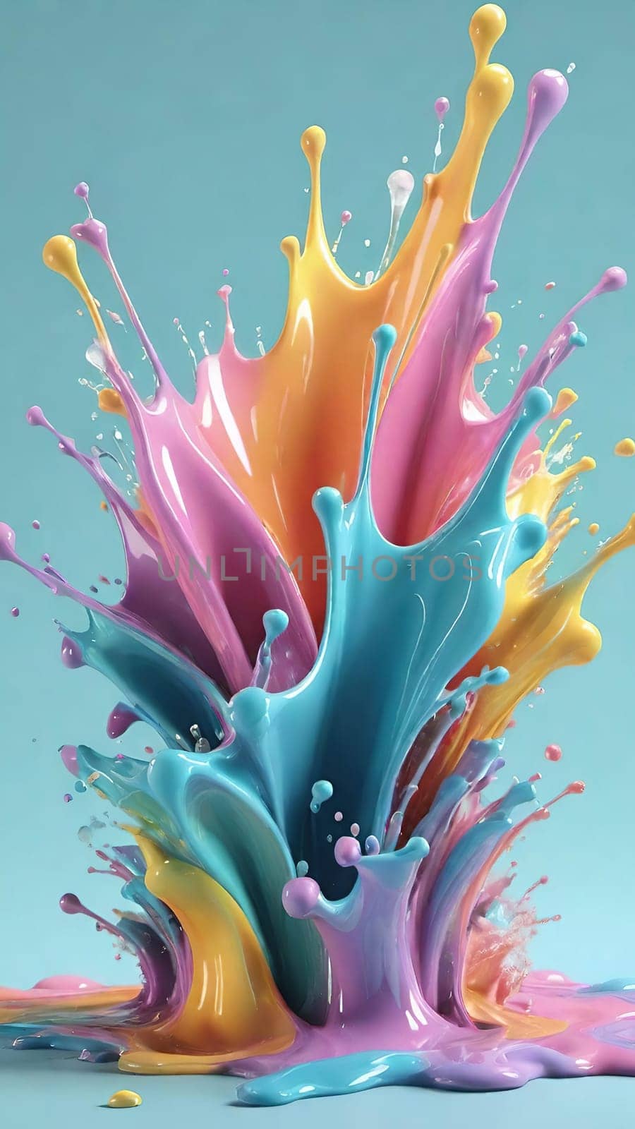 Colorful paint splashes isolated on blue background. 3d rendering.