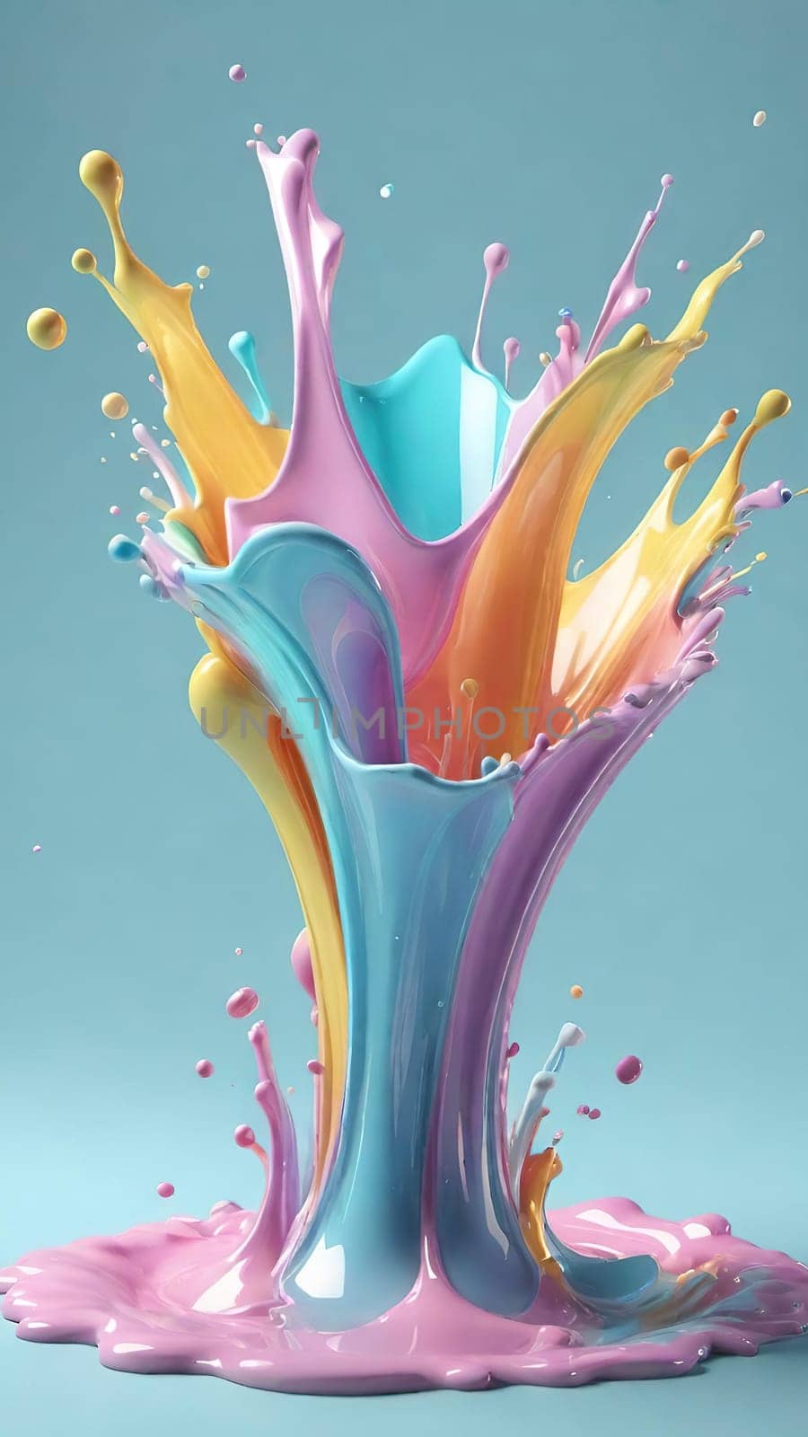 Colorful paint splashes isolated on blue background. 3d rendering. by yilmazsavaskandag