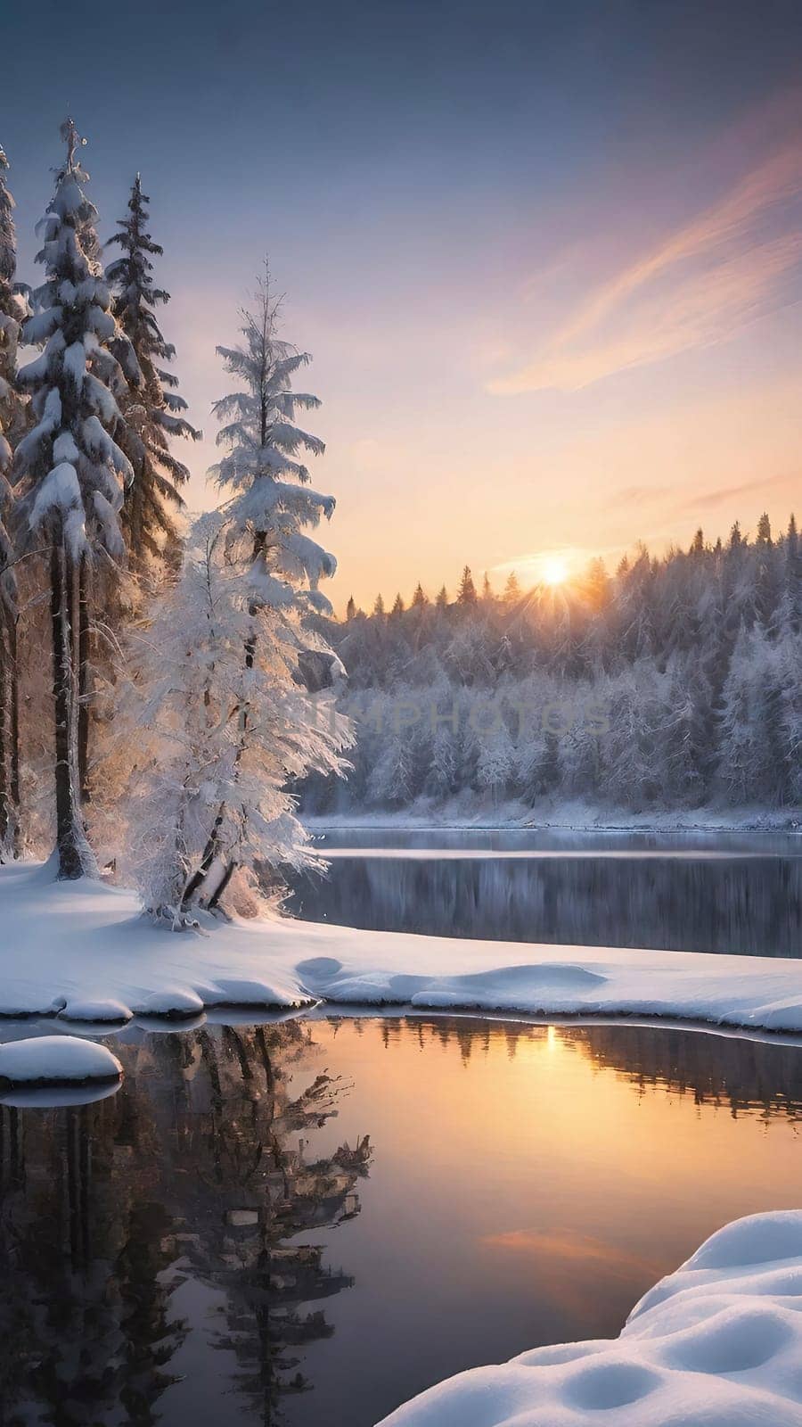 Winter landscape with snow covered trees and river at sunset. Beautiful winter landscape with frozen river and snow covered trees at sunset.Sunset on the river in winter forest. Beautiful winter landscape.Fantastic winter landscape with snow covered trees and river at sunset.