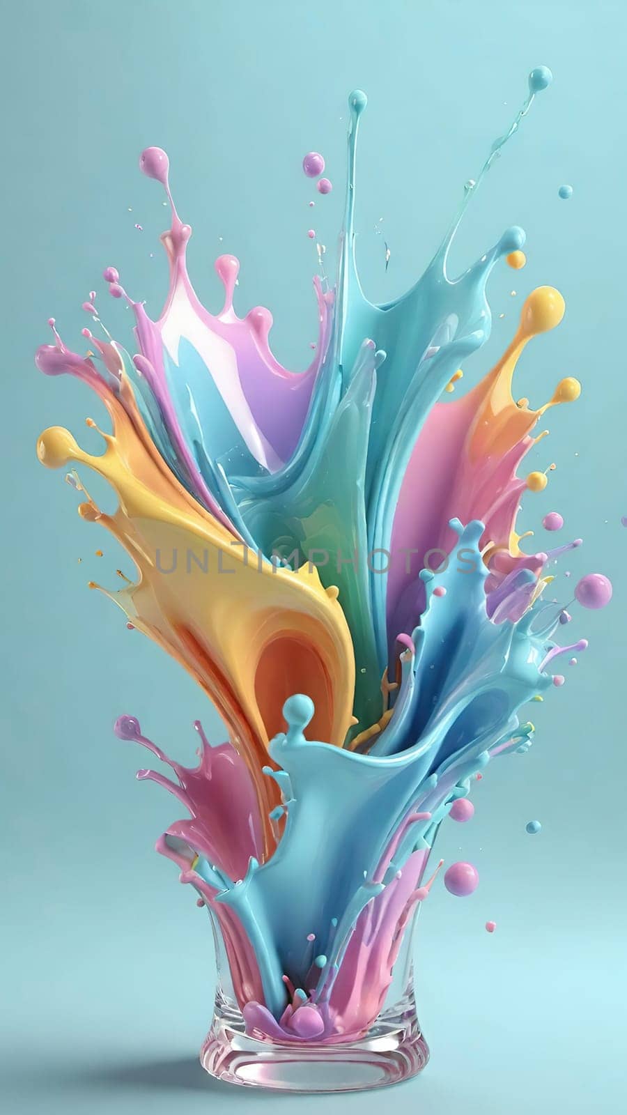 Colorful paint splashes isolated on blue background. 3d rendering.
