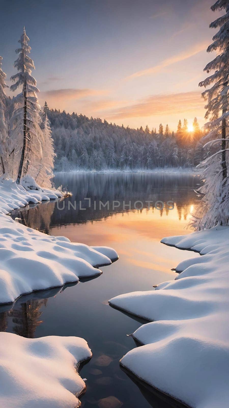 Winter landscape with snow covered trees and river at sunset. Beautiful winter landscape with frozen river and snow covered trees at sunset.Sunset on the river in winter forest. Beautiful winter landscape.Fantastic winter landscape with snow covered trees and river at sunset.