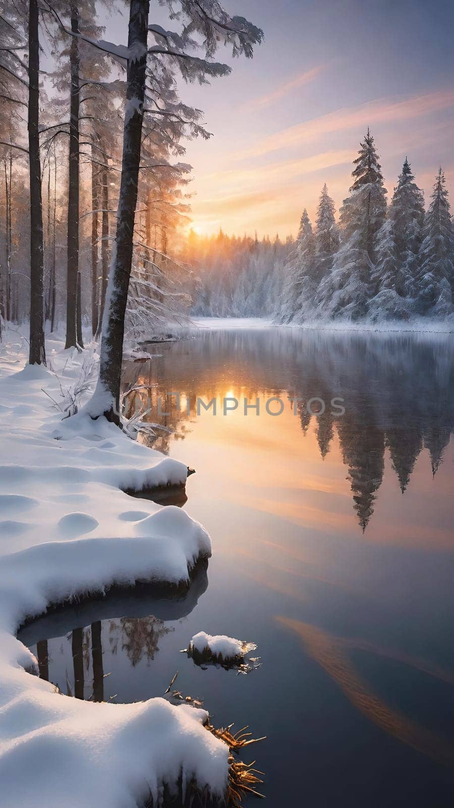 Winter landscape with snow covered trees and river at sunset. Beautiful winter landscape with frozen river and snow covered trees at sunset.Sunset on the river in winter forest. Beautiful winter landscape.Fantastic winter landscape with snow covered trees and river at sunset.