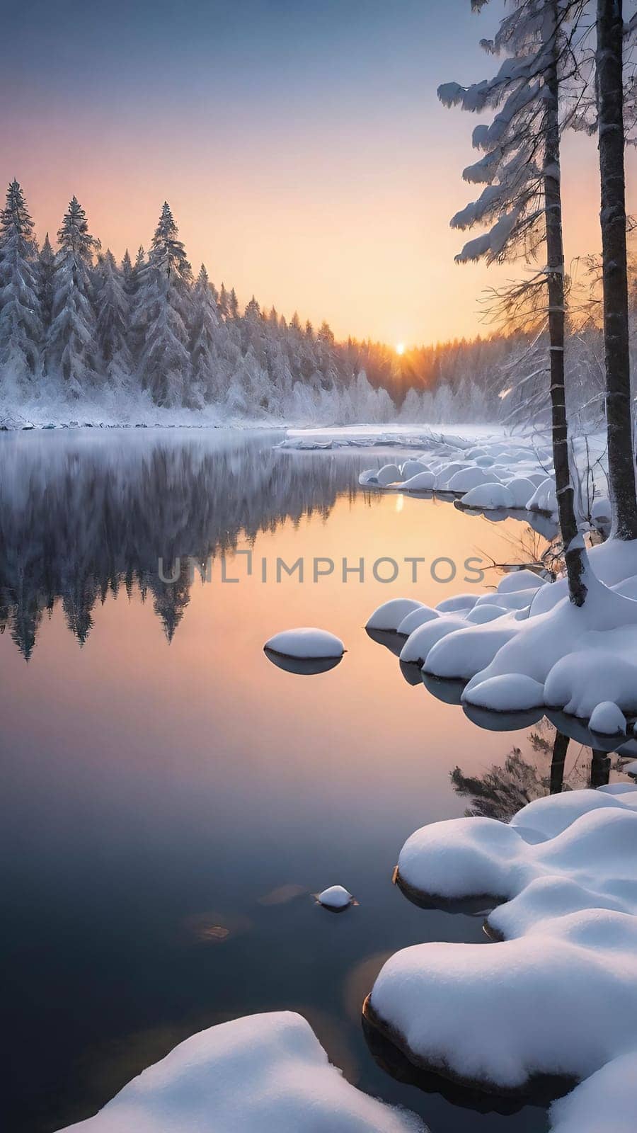 Winter landscape with snow covered trees and river at sunset. Beautiful winter landscape with frozen river and snow covered trees at sunset.Sunset on the river in winter forest. Beautiful winter landscape.Fantastic winter landscape with snow covered trees and river at sunset.