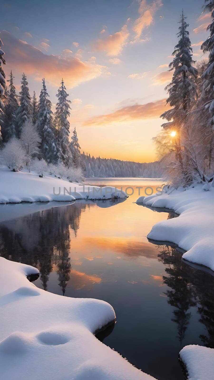 Winter landscape with snow covered trees and river at sunset. Beautiful winter landscape with frozen river and snow covered trees at sunset.Sunset on the river in winter forest. Beautiful winter landscape.Fantastic winter landscape with snow covered trees and river at sunset.